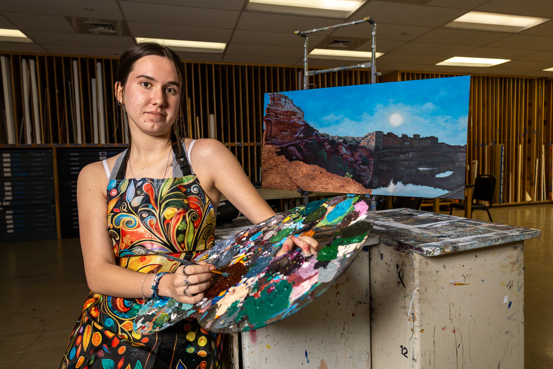 Tessa Whitaker, Texas Tech University School of Art student in her Mixed-Media Painting Studio.
