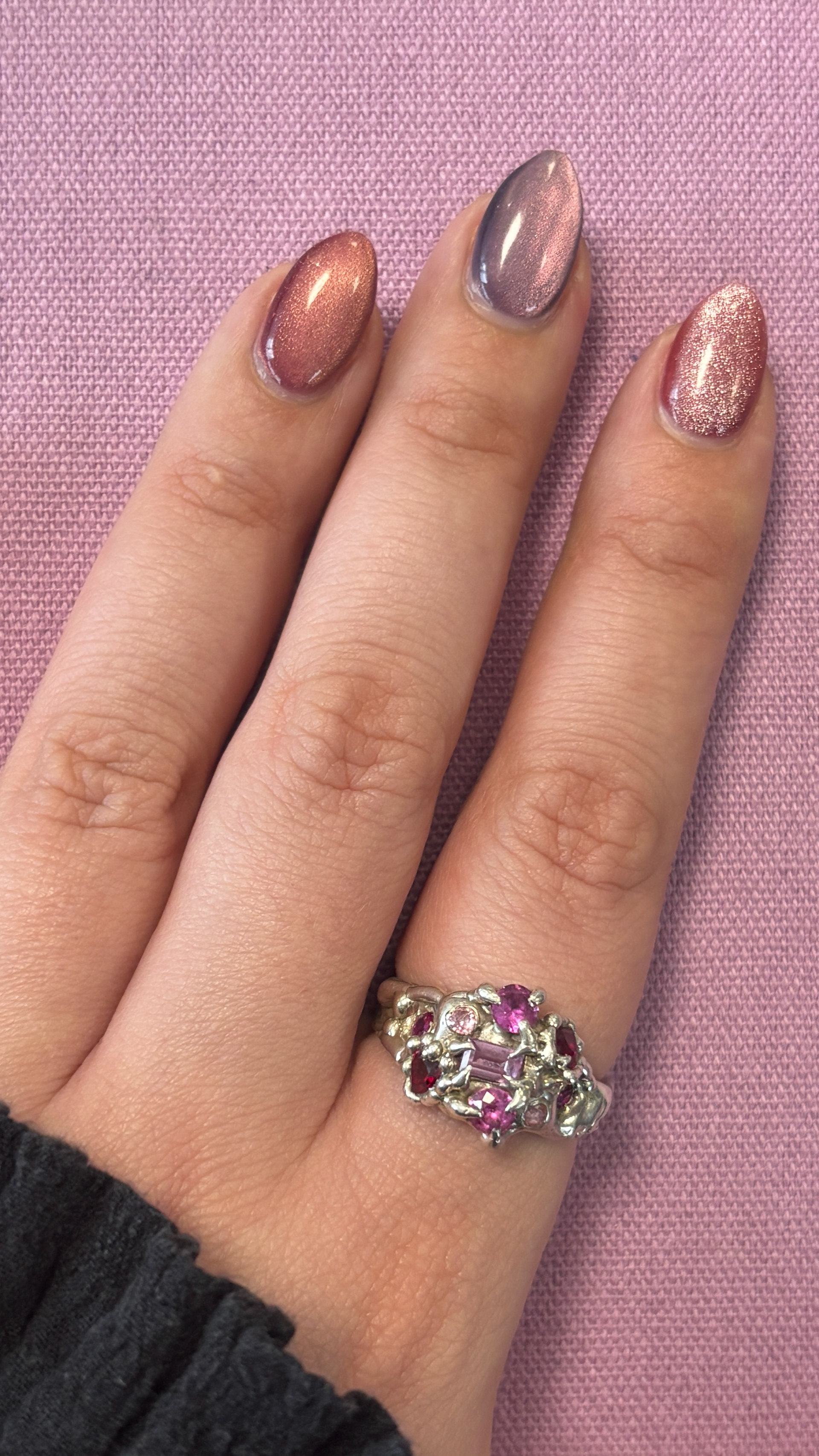 Love Bomb Ring, 2025. Sterling silver, lab-grown sapphire, lab-grown ruby, natural sapphire.