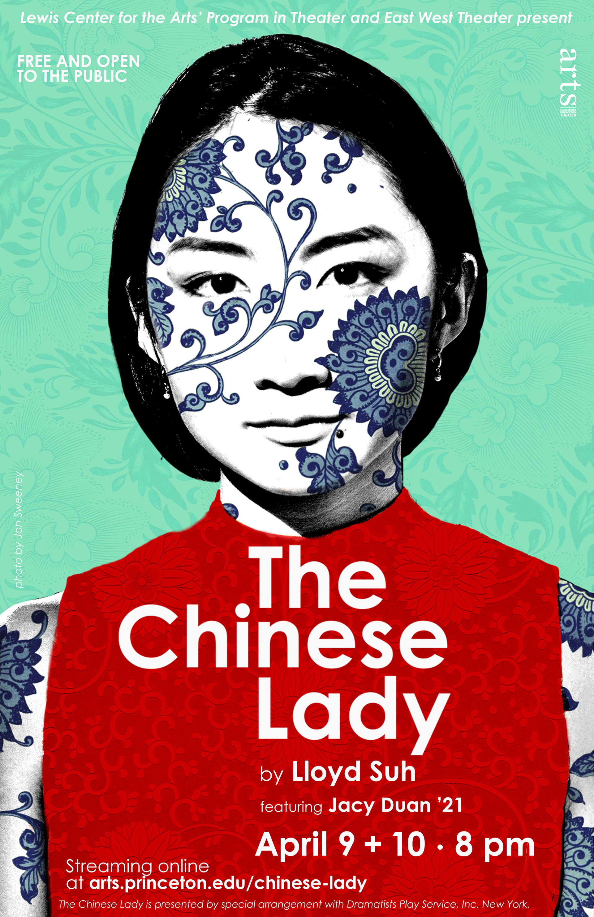 A poster promoting "The Chinese Lady" featuring woman's portrait with floral blue pattern on face