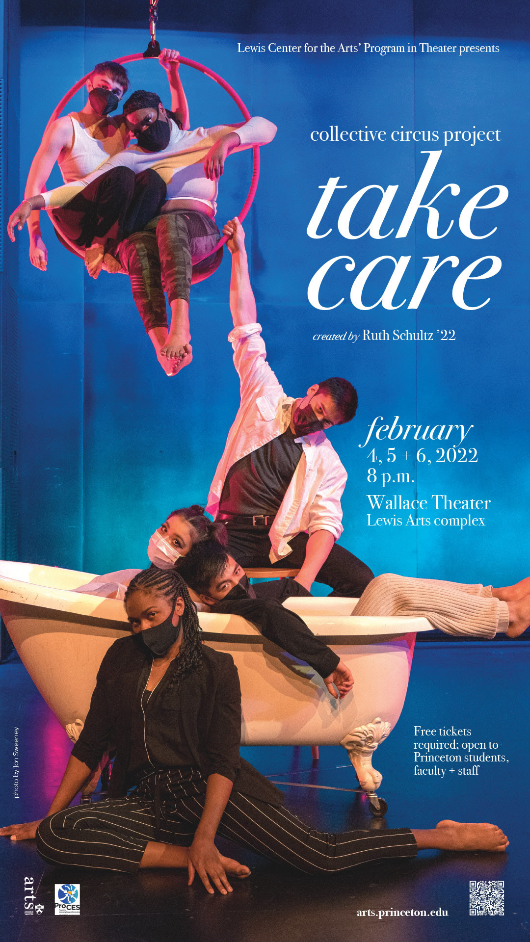 A poster promoting a collective circus project take care features performers in bathub, sitting in aerial hoop, and seated on stage floor
