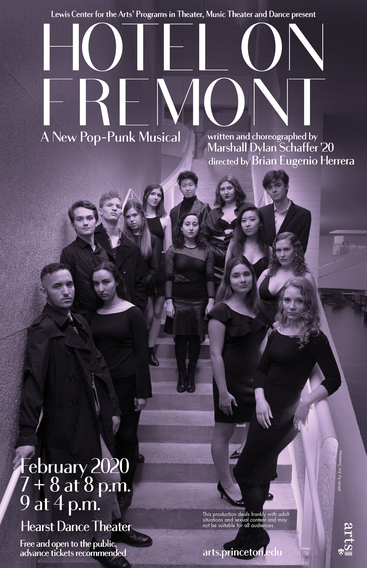 A poster promoting Hotel On Fremont features an image of students in leather and black club clothes stand on stairwell