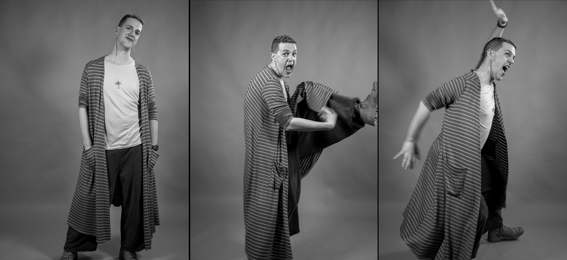 Three black and white images of a man in various states of enthusiasm.