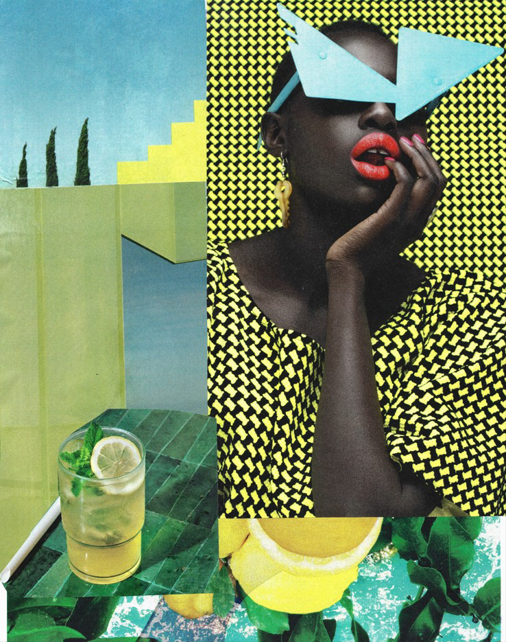 a pure, sincere, identity-based creation, personalized to the image and subject ordered. Here, a 100% upcycled invitation poster from fashion magazines, for the 40th birthday of an active woman who wants to treat herself to a get-together as a souvenir of the before, during and future
