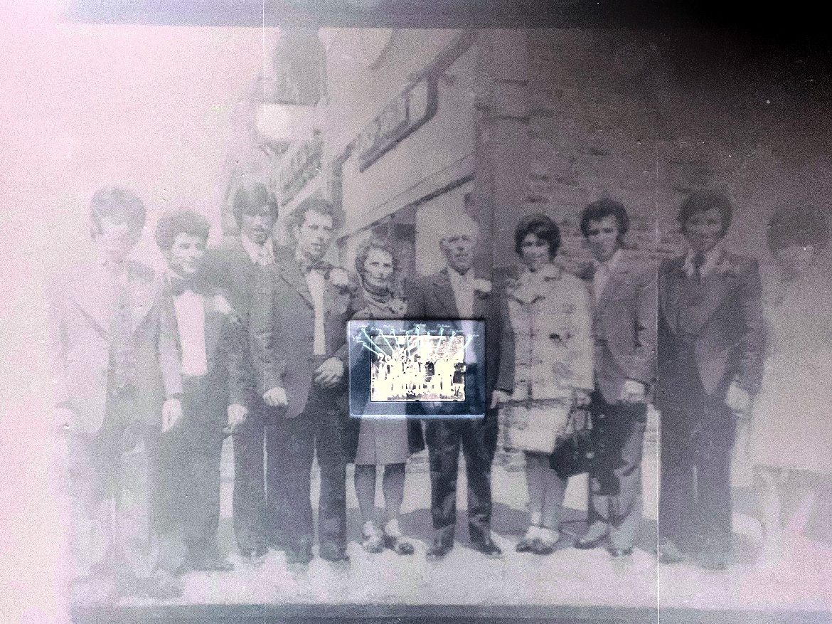 Castiglione. C 'The Wedding' (2024), Cyanotype Print on foam, 29.7x42cm. Projection overlay close up inverted and darkened.