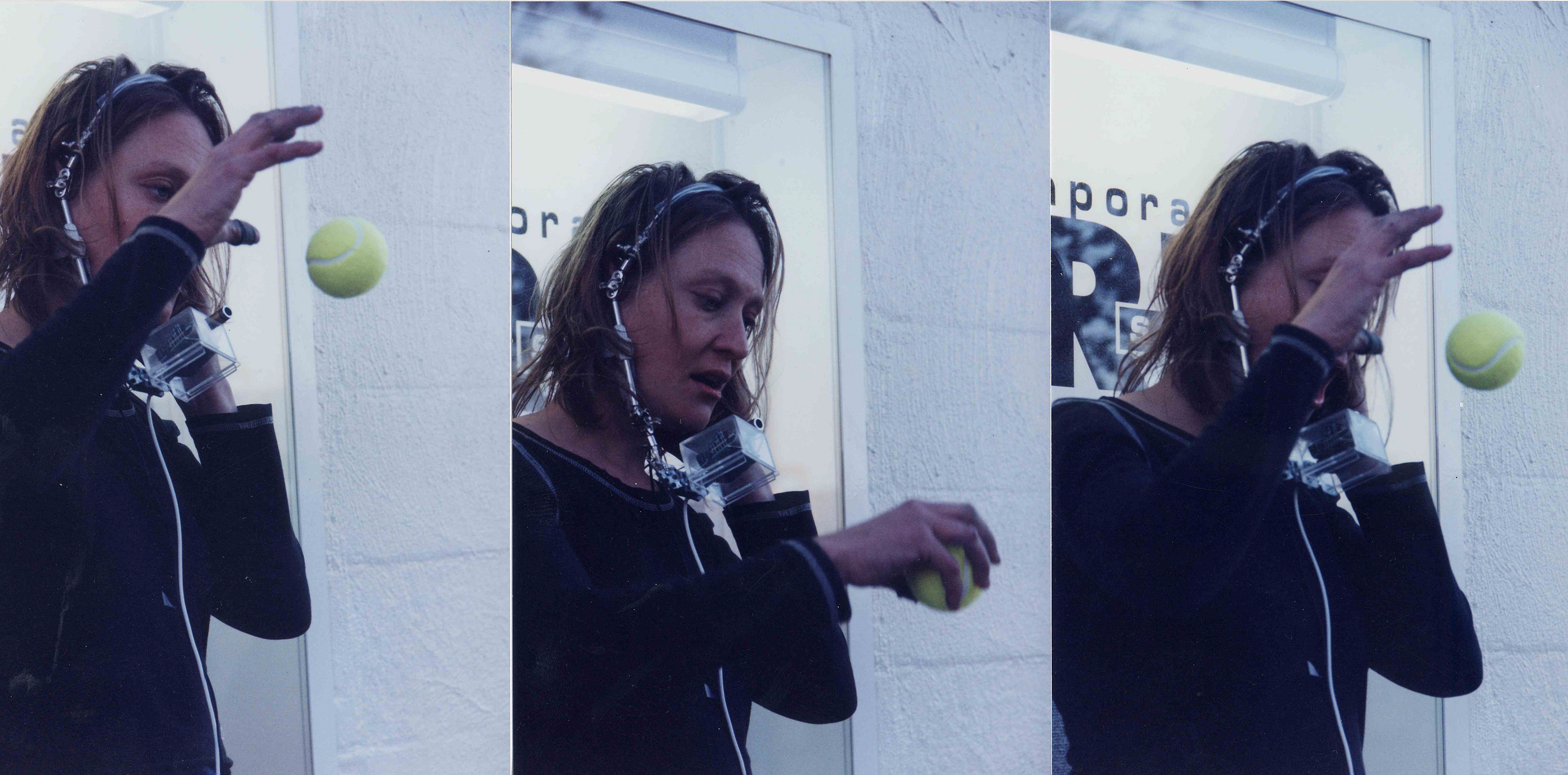 A camera on my mouth, the image on a screen inside the gallery, my voice into speaker wire mat