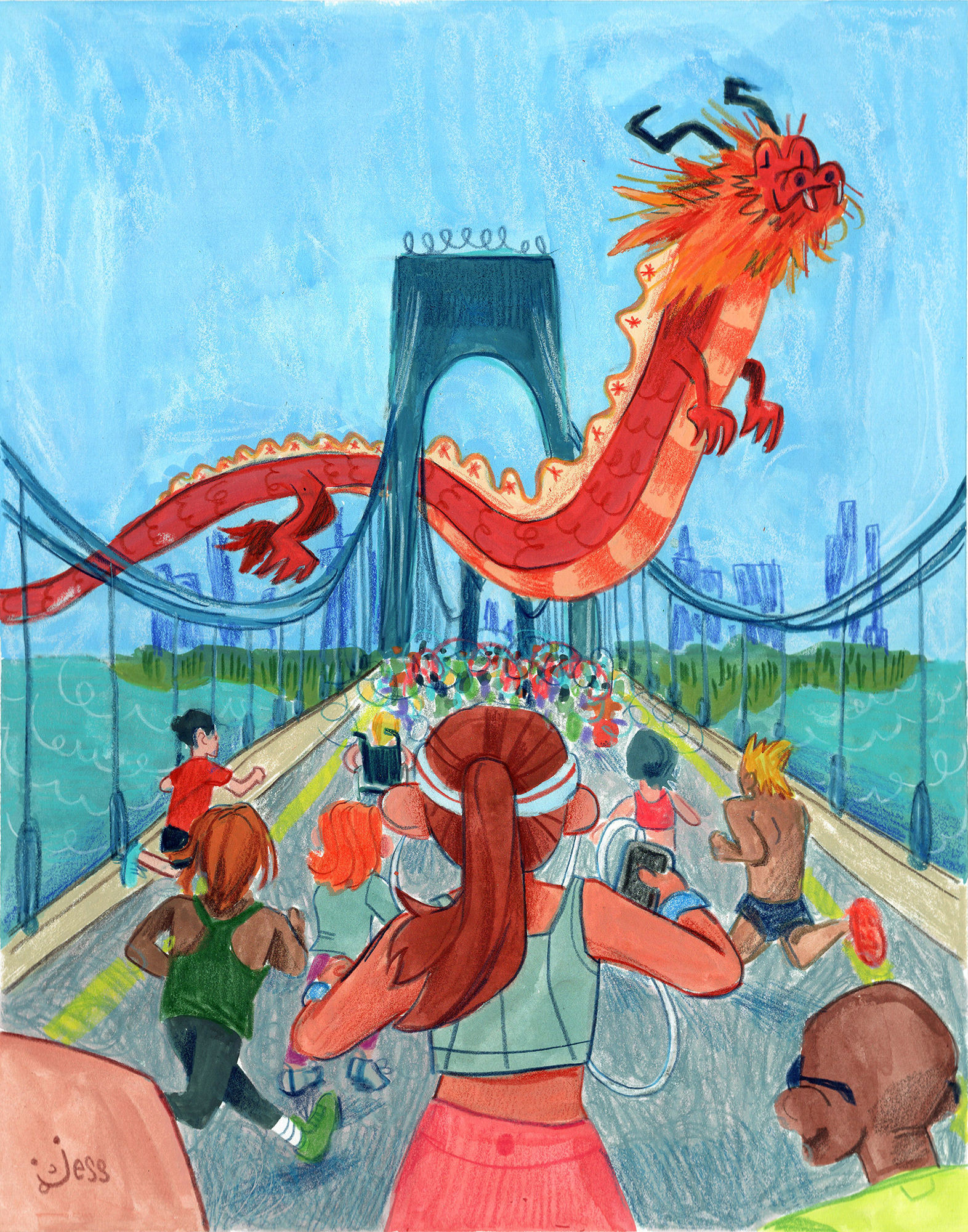Dragon Marathon, 11x14 Gouache, colored pencil, oil pastels on illustration board