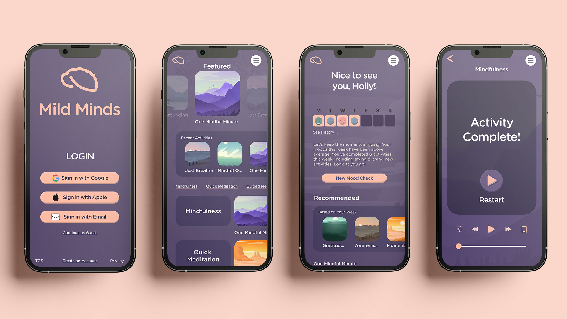 4 mobile phone screens, each with a frame of an app in purple and peach colours.