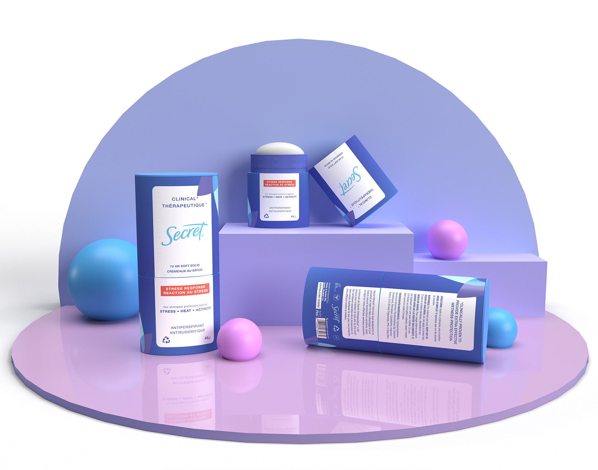 A 3d render of three blue secret antipersirant packages on a pink and purple stand.