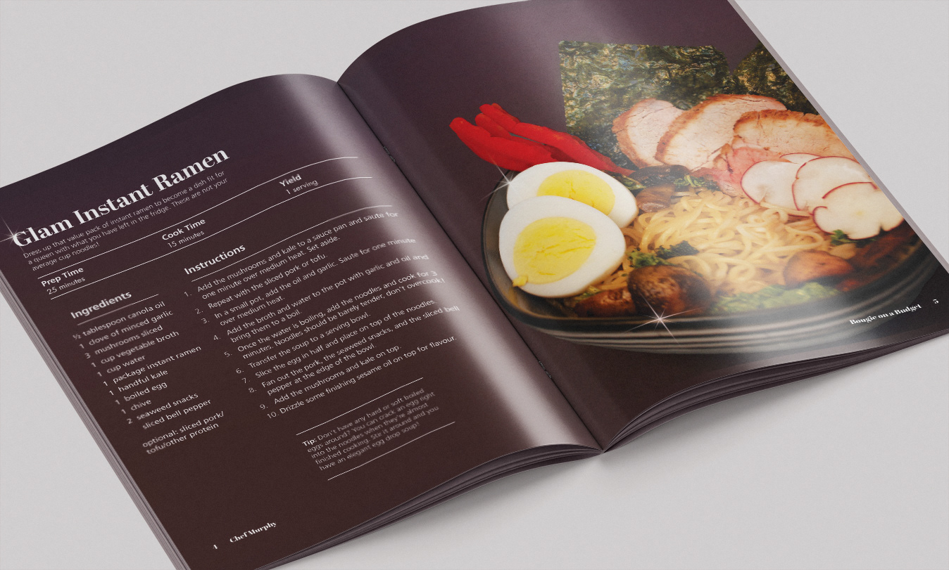 An open book showing a ramen recipe on the left and a photograph of a bowl of sparkly ramen topped with boild eggs, pork, radish slices, turnips, and seaweed, on the right side page.