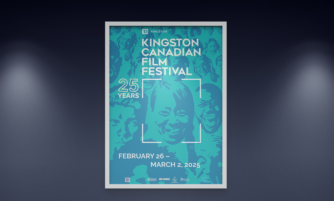 Poster with many planar faces expressing various emotions, in shades of monochromatic turquoise-blue, in a white frame on a dark blue wall.
