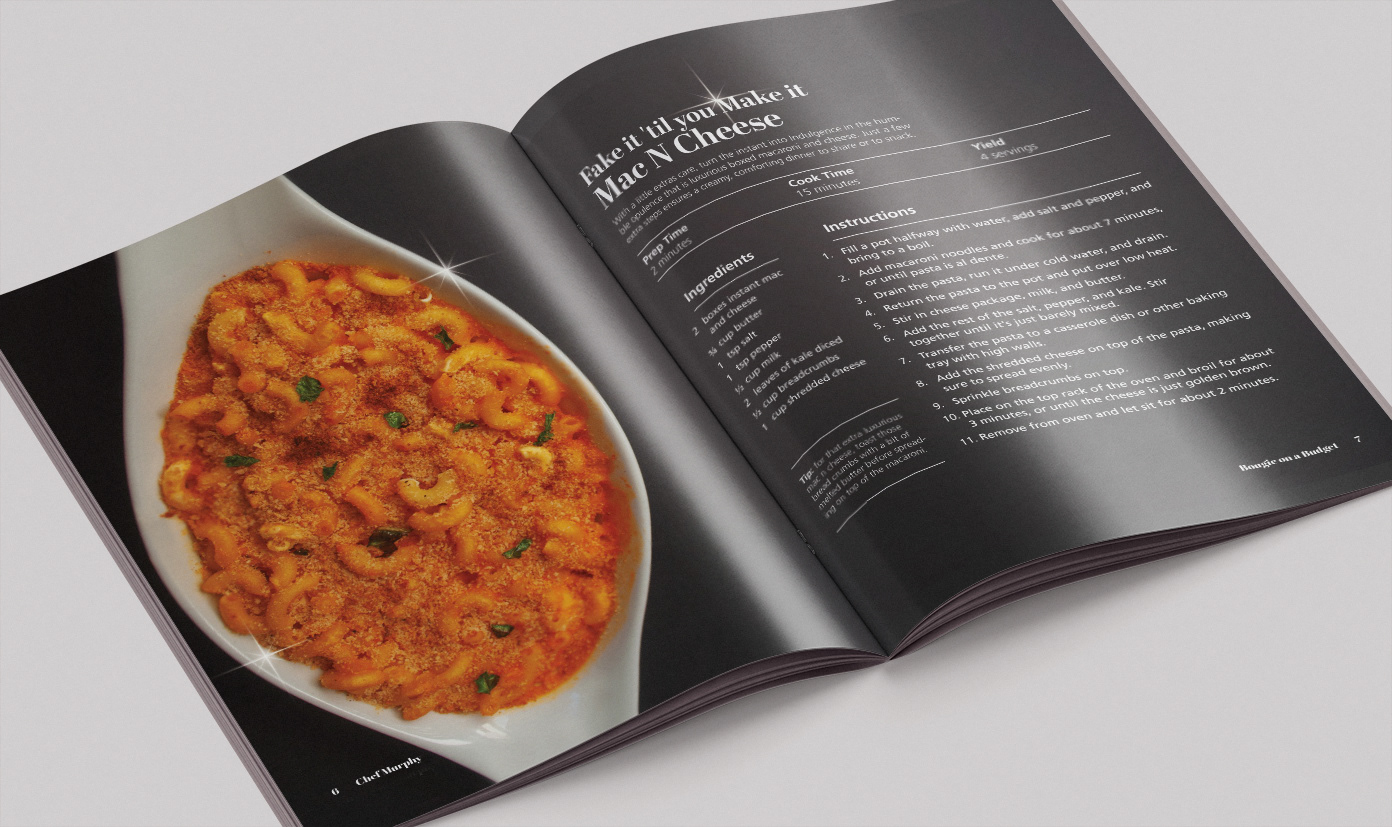 An open book showing a mac and cheese recipe and a picture of orange mac and cheese.