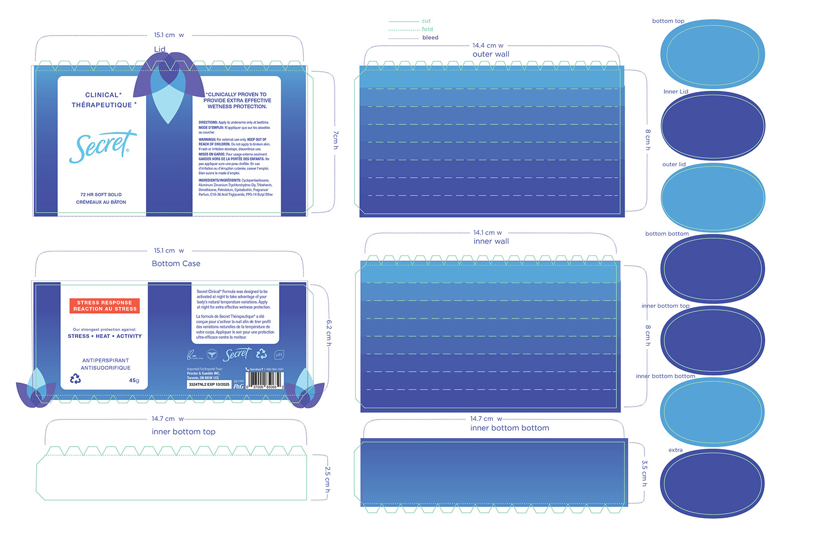 A flat image of dielines for a cardboard deodorant package.