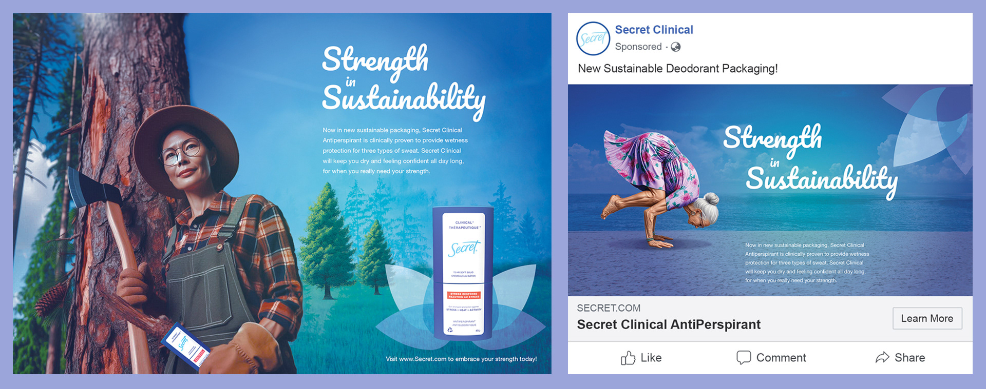 Two images next to each other of deodorant ads. The left image has a woman in from of a tree holding an axe in one hand and deodorant in the other. The right image shows an elderly woman doing a yoga handstand.
