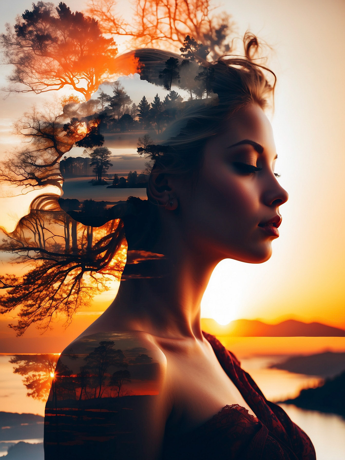 Artistic double exposure images merging portraits with natural and urban landscapes, creating surreal and dreamlike visuals.