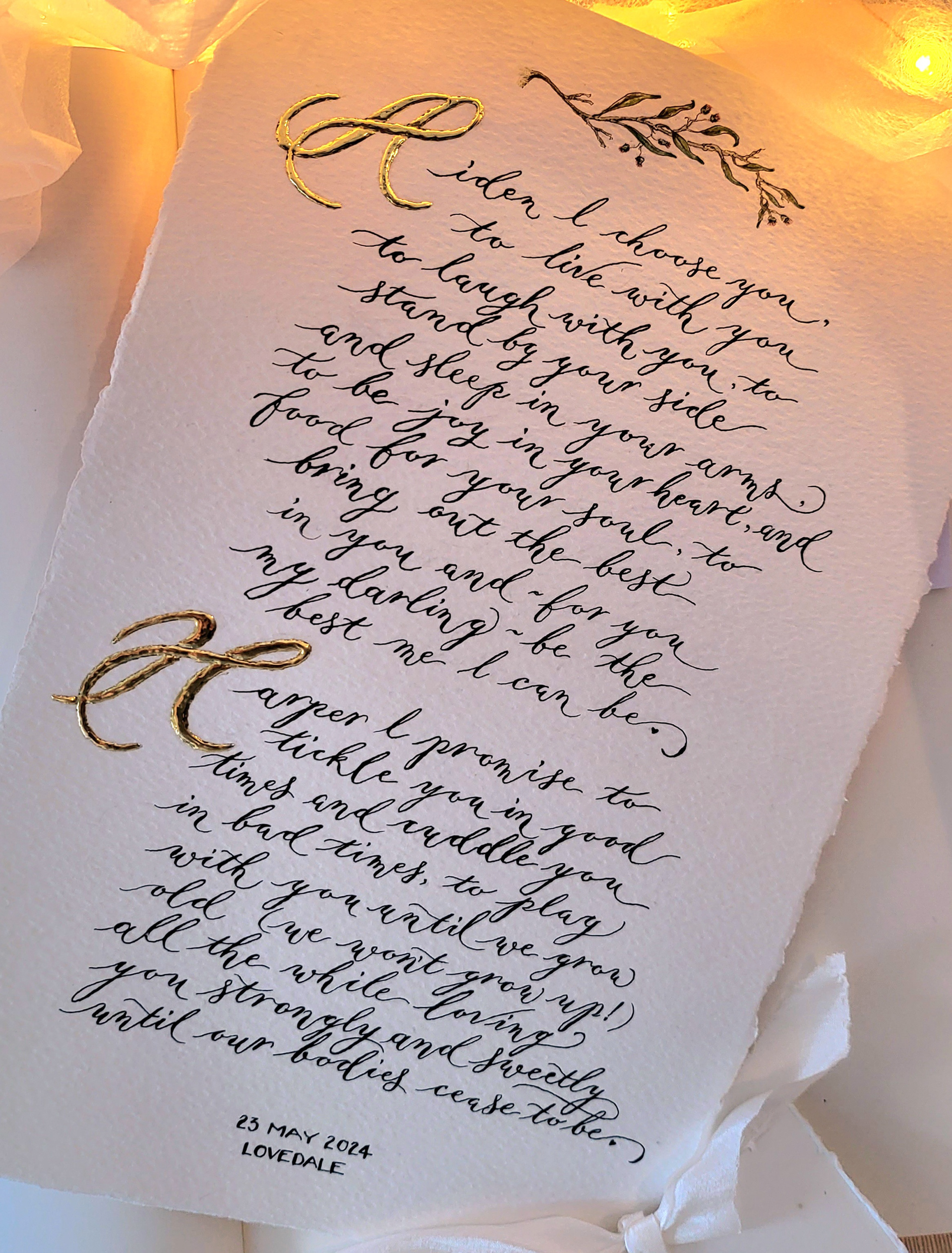 Wedding vows ~ modern calligraphy style, with 24 carat gold