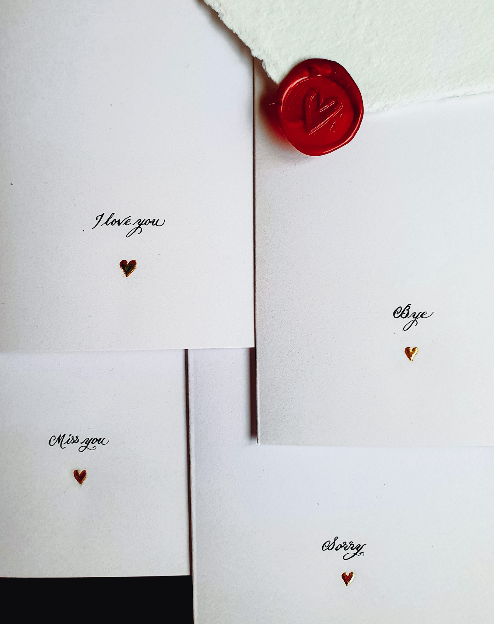 'Tiny Big Words' greeting cards ~ 24 carat gold heart and calligraphy