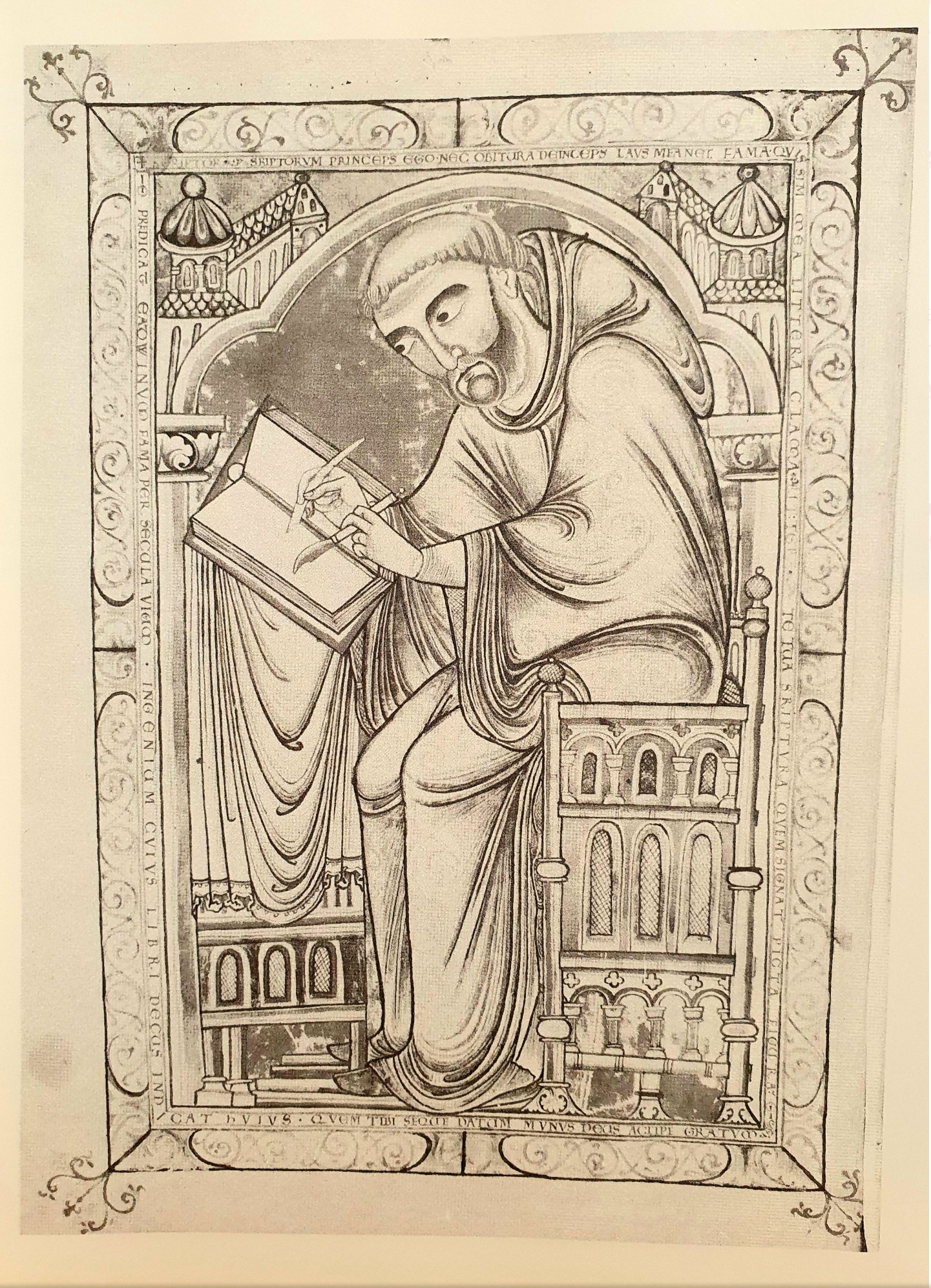 Calligrapher, circa 1150 - self portrait by Eadwine, who humbly declared himself to be the leading prince of scribes. Image from Medieval Calligraphy, Marc Drogin, 1980, Dover Publications.
