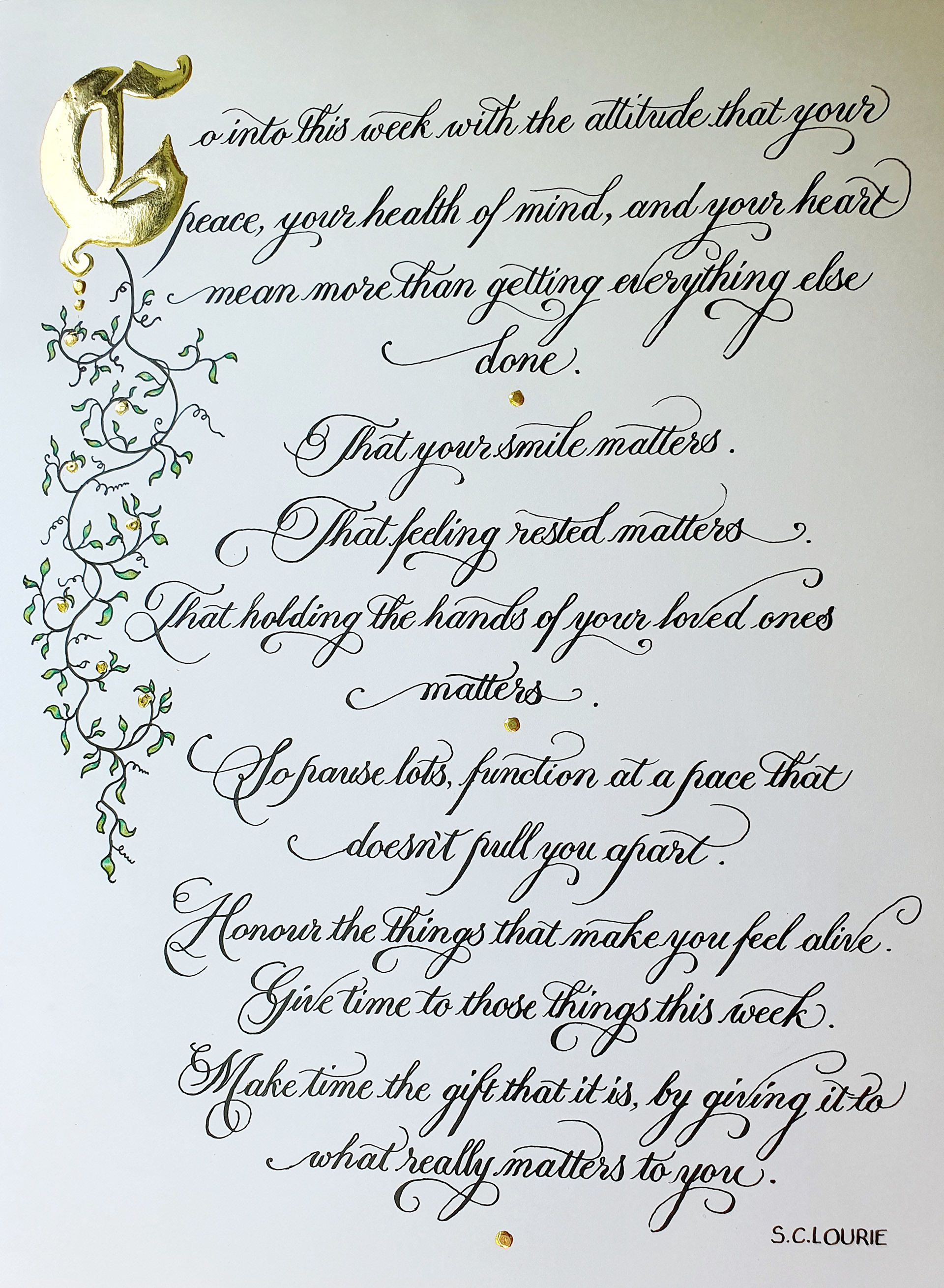 Calligraphy quote, hand-written with 24-carat gold