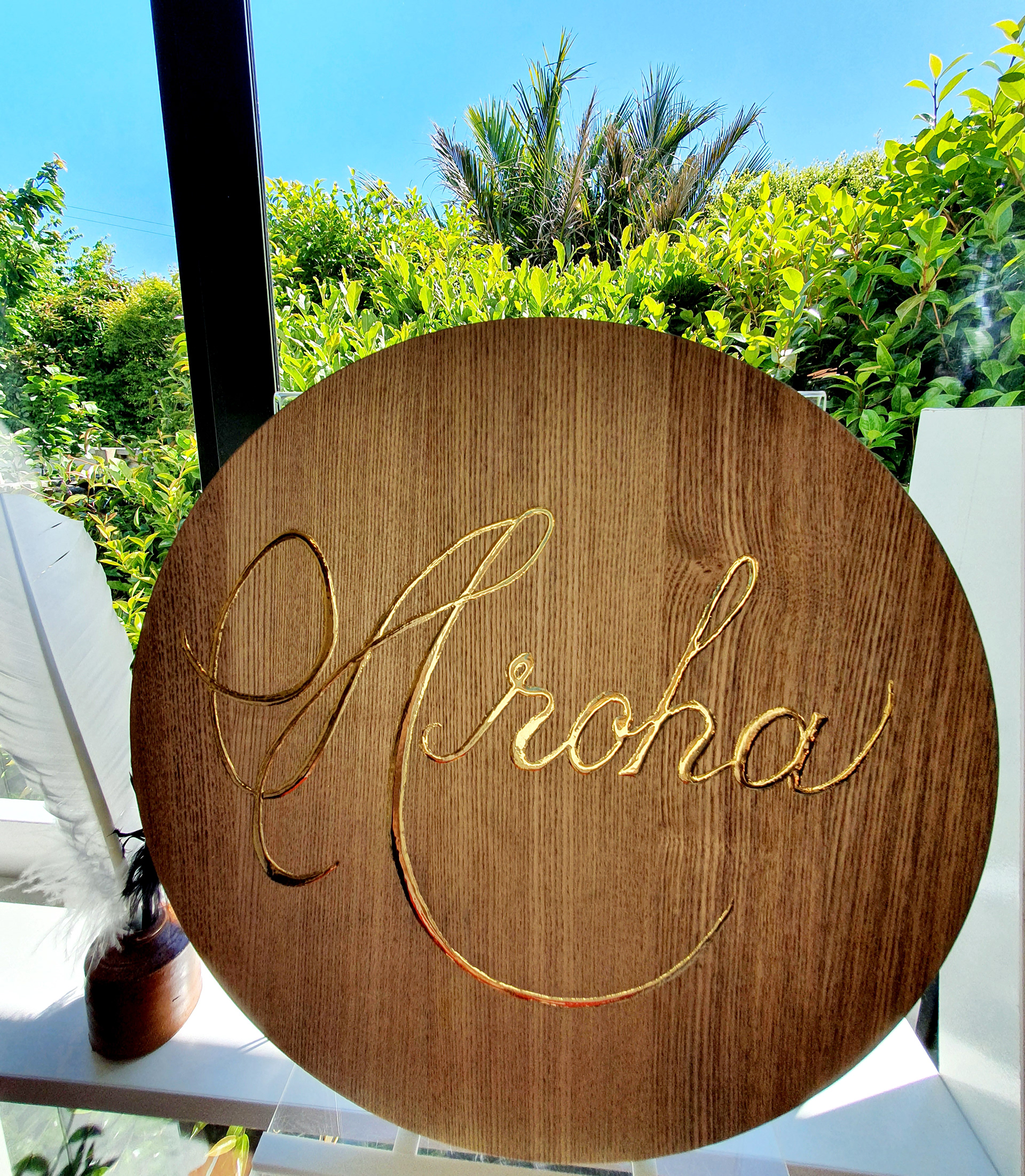 24 carat gold script ~ copperplate calligraphy on wooden disc, for hanging