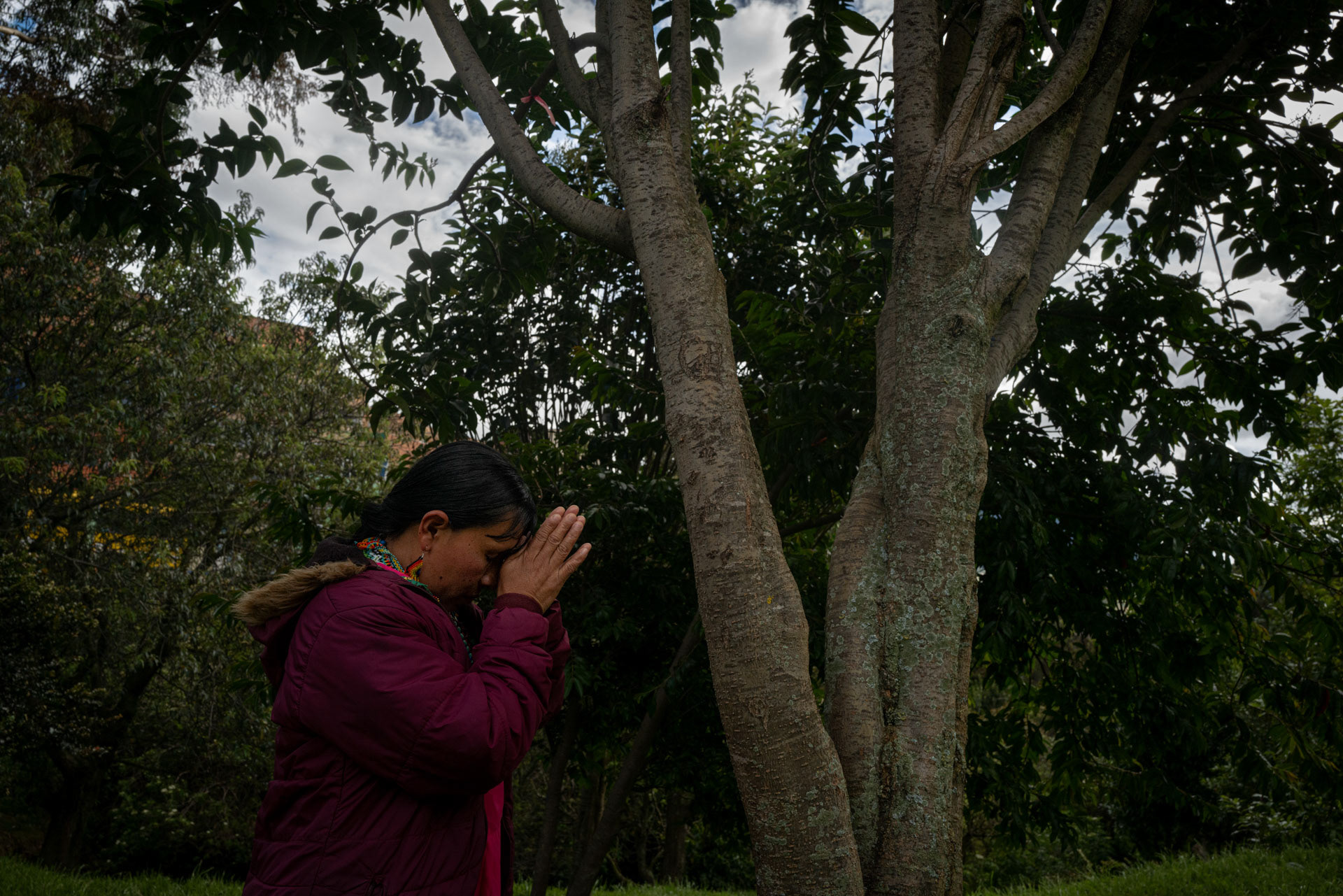 Bogotà Colombia, August 2023. Luz and Luis are Catholics, in a form of Catholicism adapted to Embera beliefs. Luz recounts that upon arrival in Bogota, in conditions of profound poverty and hunger, she and her family were saved by a "white angel". A woman seeing their condition offered them shelter for one night, the next day with the help of the Red Cross they were taken to a state shelter