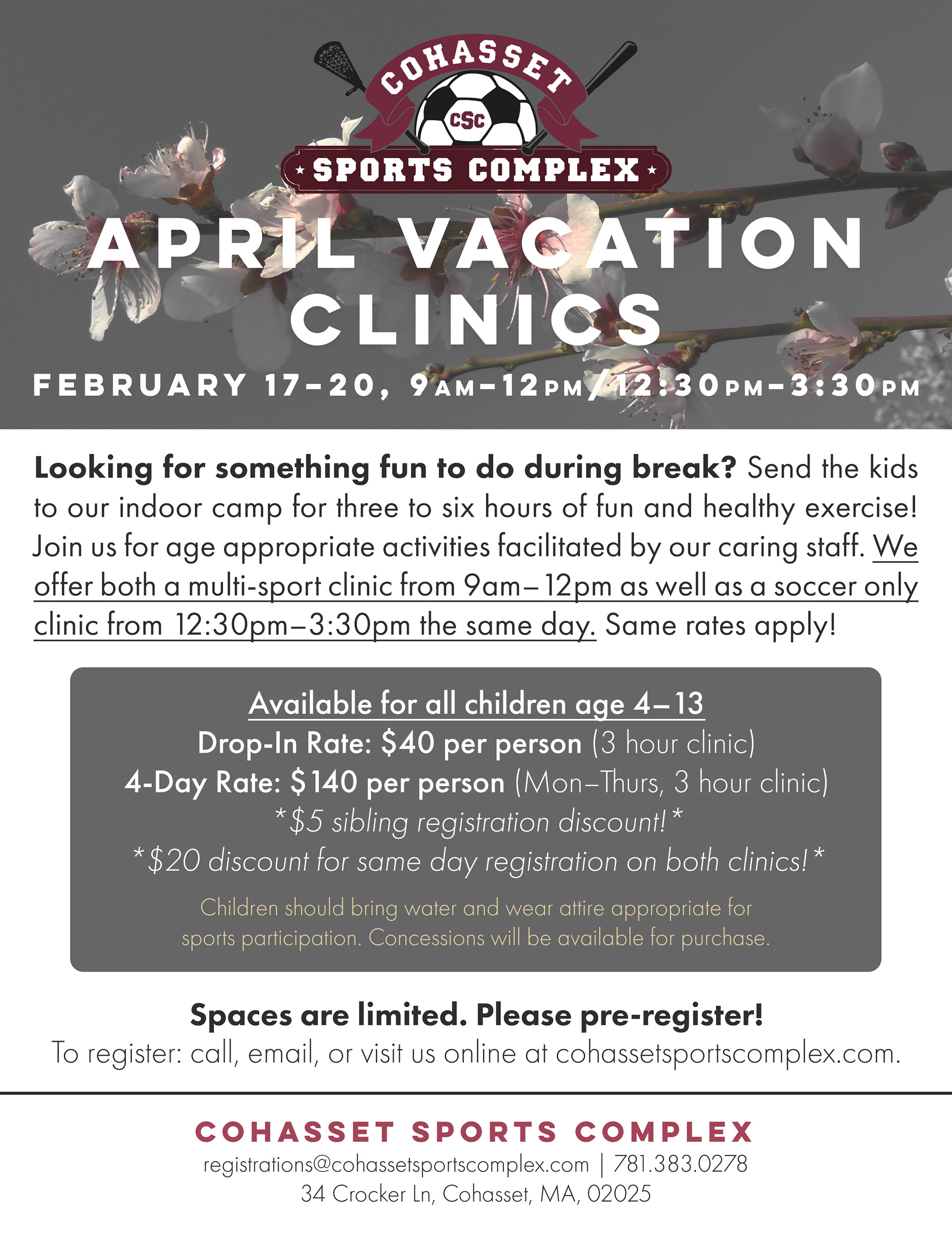 April vacation clinics flyer