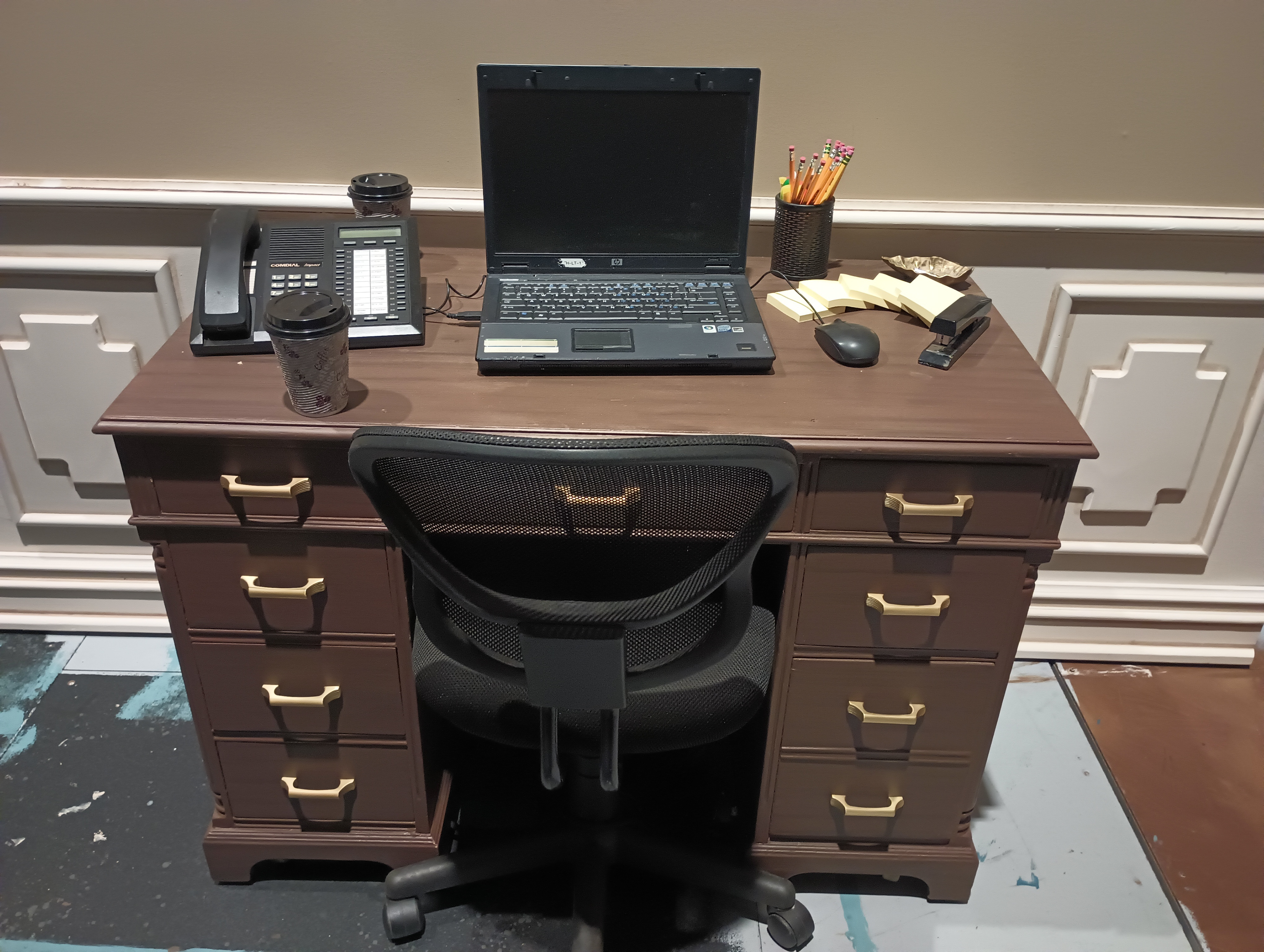 Desk painted and adjusted to better fit design.