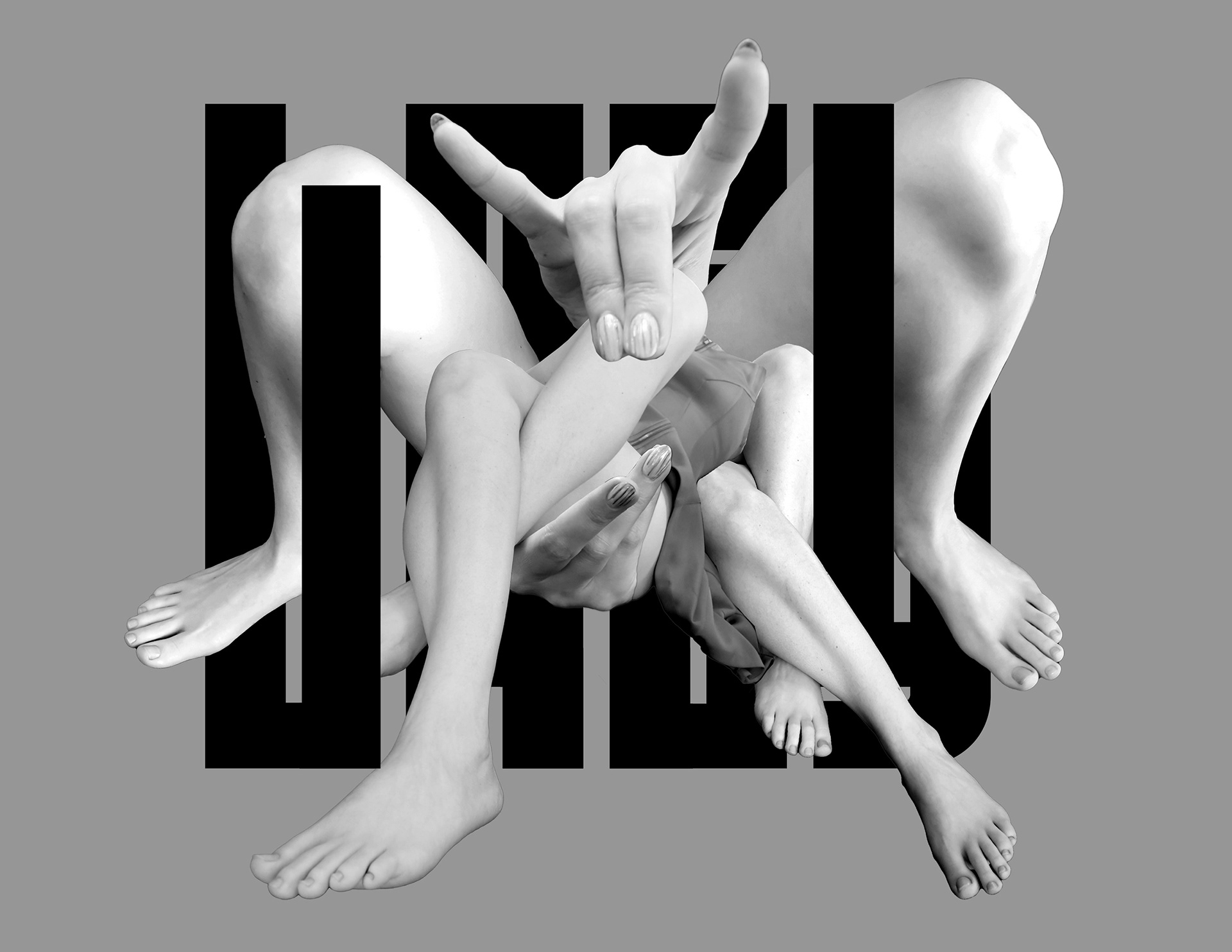 black and white digital collage by lazyimbecile of limbs and text