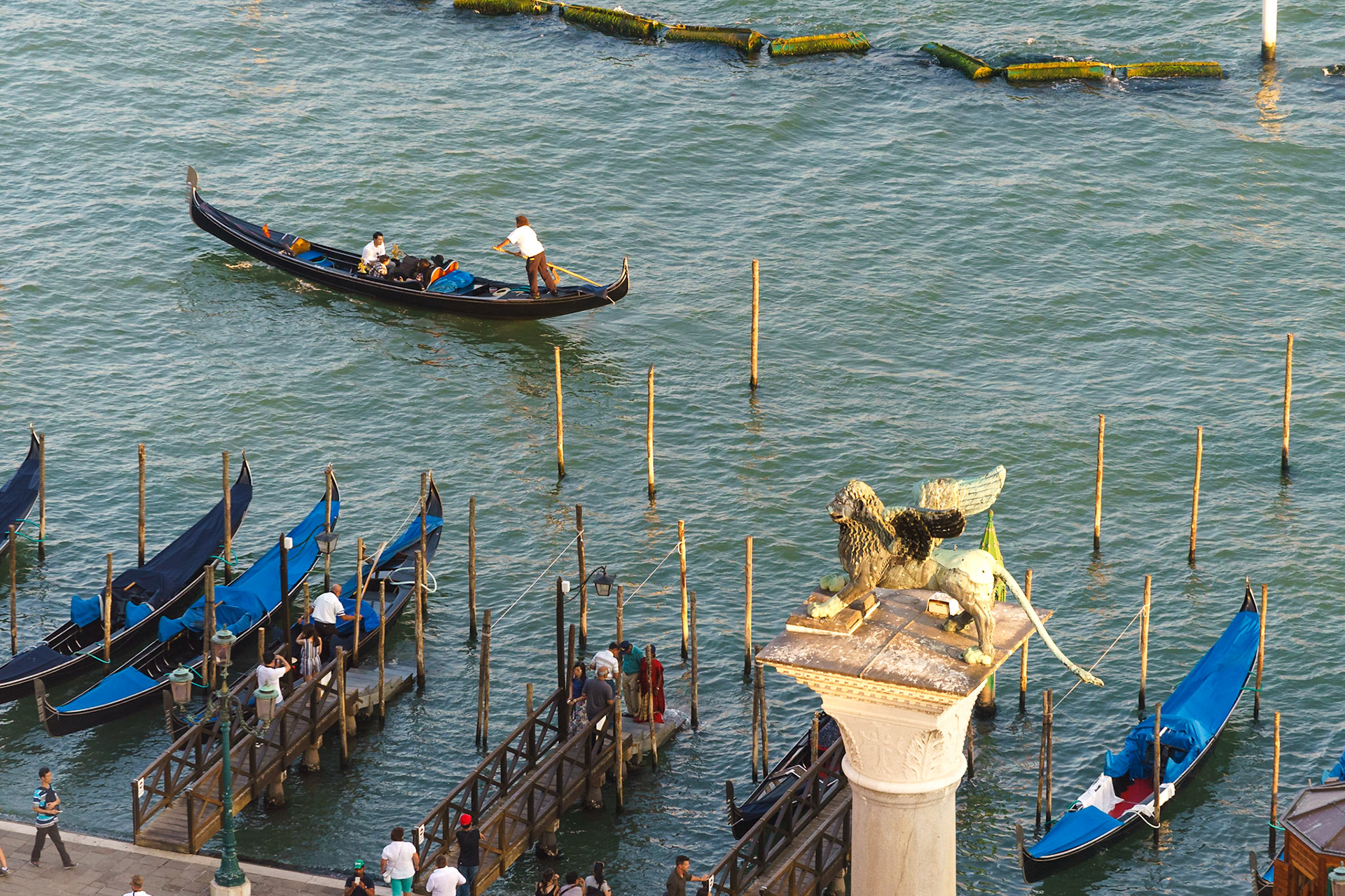 Venedik'in bayrağında da yer alan, yüzyıllardır şehrin simgesi olan aslan figürü ile birlikte, günümüzde şehrin en bilinen simgesi olan gondollar.