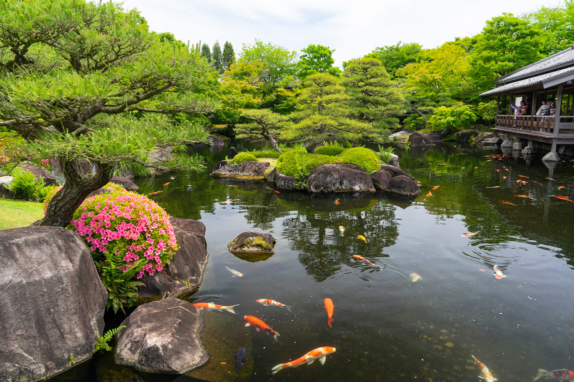 Kalenin hemen yanında yer alan Koko-en Bahçeleri, 9 farklı bölümden oluşuyor. Bir bölümünde bir koi (Japon balığı) havuzu geziyorsunuz.