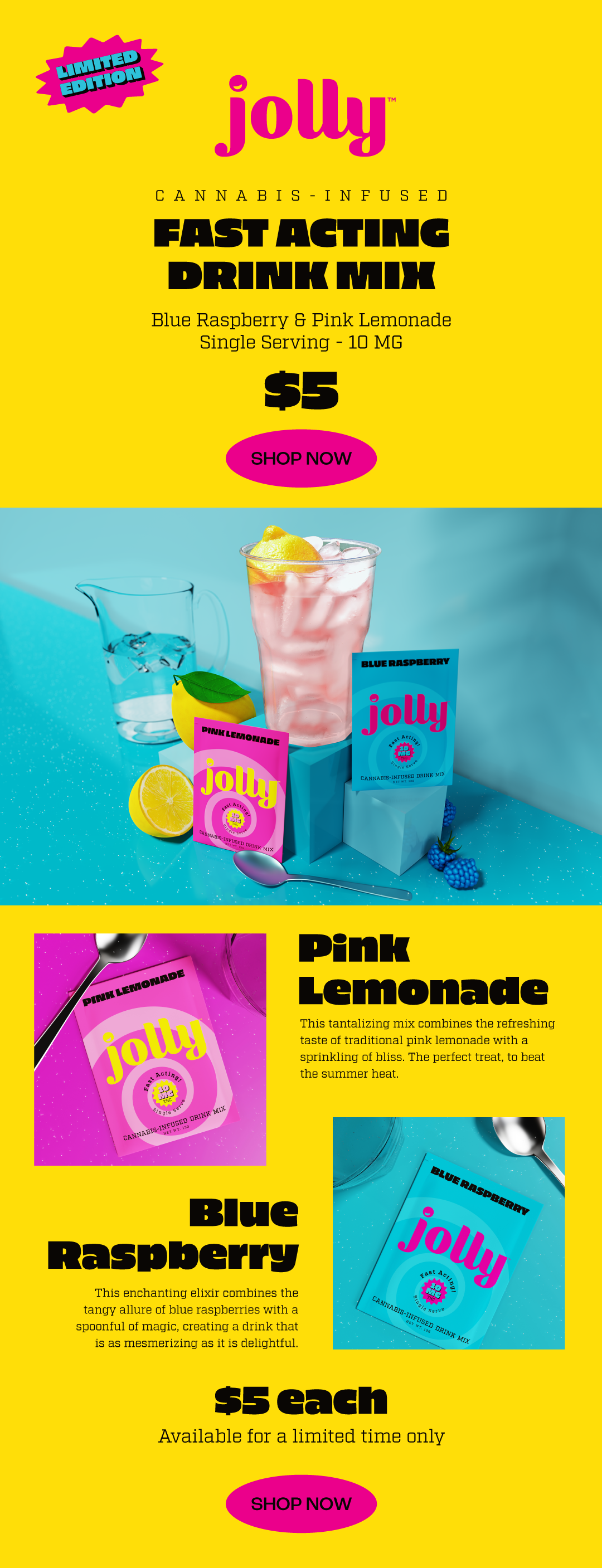 Jolly Edibles THC Cannabis infused drink mix Blue Raspberry Pink Lemonade