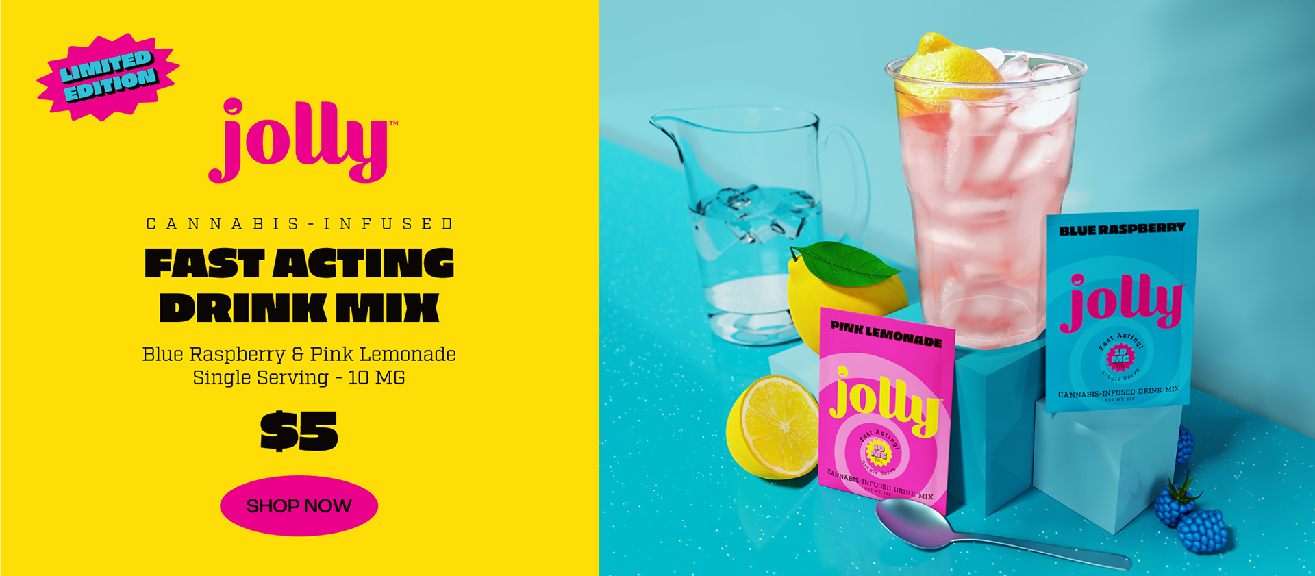 Jolly Edibles THC Cannabis infused drink mix Blue Raspberry Pink Lemonade