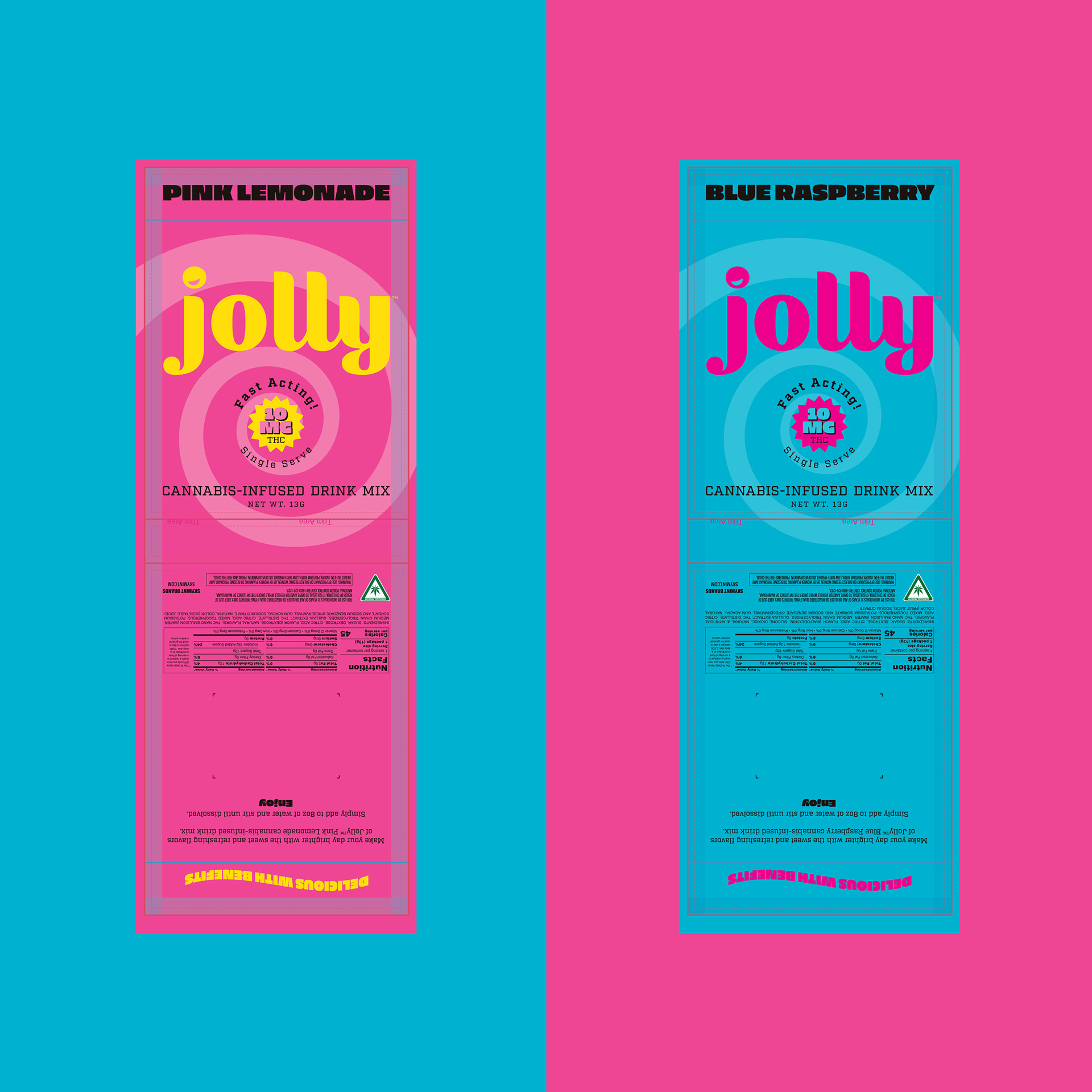 Jolly Edibles THC Cannabis infused drink mix Blue Raspberry Pink Lemonade