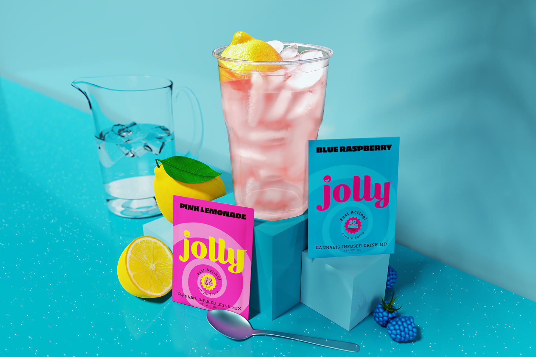 Jolly Edibles THC Cannabis infused drink mix Blue Raspberry Pink Lemonade