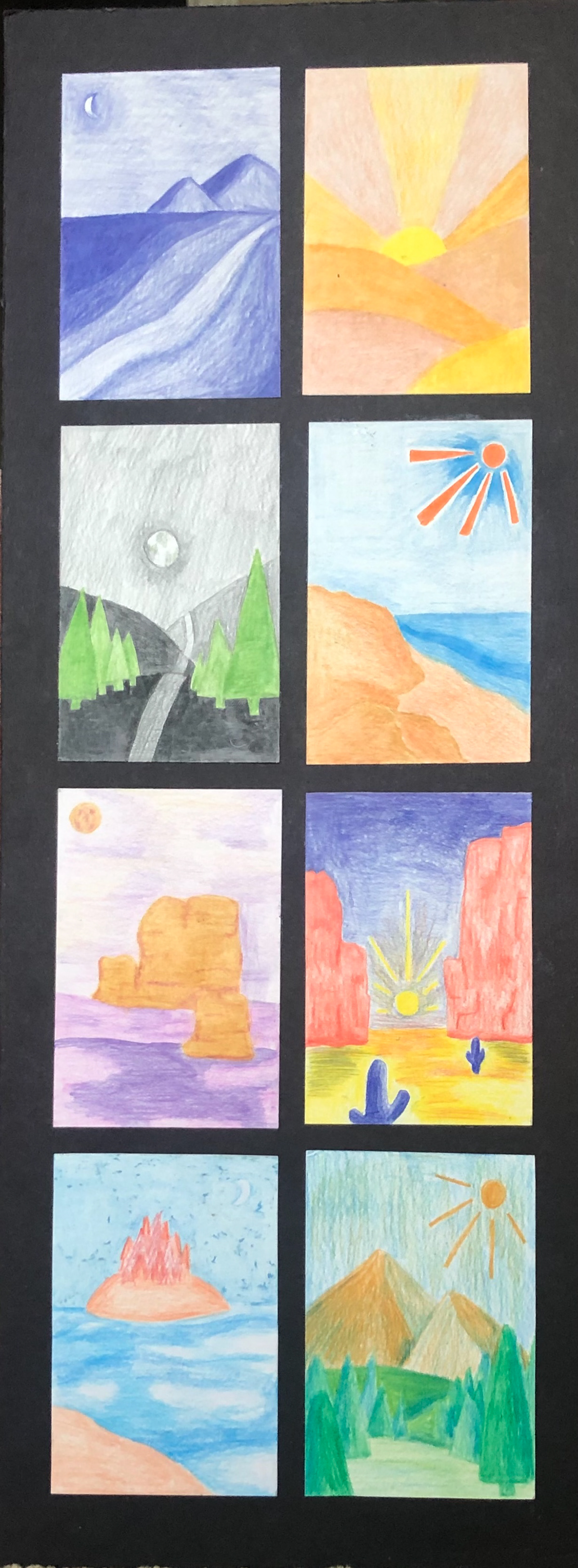This was a project for my 2D design class. The objective was to showcase color theory using different color schemes in 8 panels. I chose to use the duality of day and night in nature using contrasting colors. Done with colored pencil on Bristol paper.