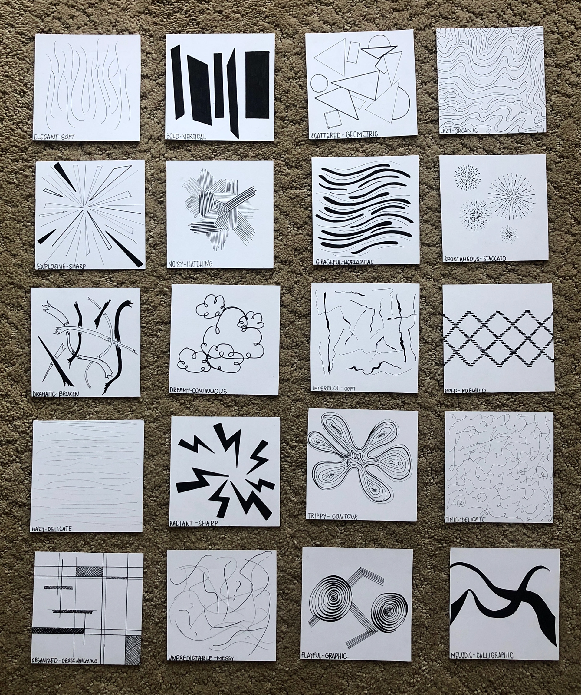 For my 2D design class, we were to study how different lines evoke different emotions. We were to make 20 4x4 inch squares, and use ink pens to find different ways to represent emotions through line work.