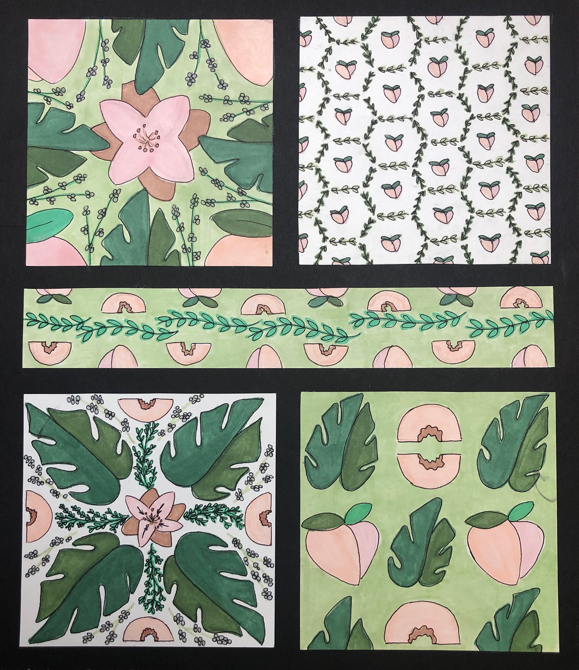 This was a project for my 2D design class. We were studying patterns and how objects fit in a space. We were to find a color palette, and create five varying patterns with the same 2-3 objects. 
