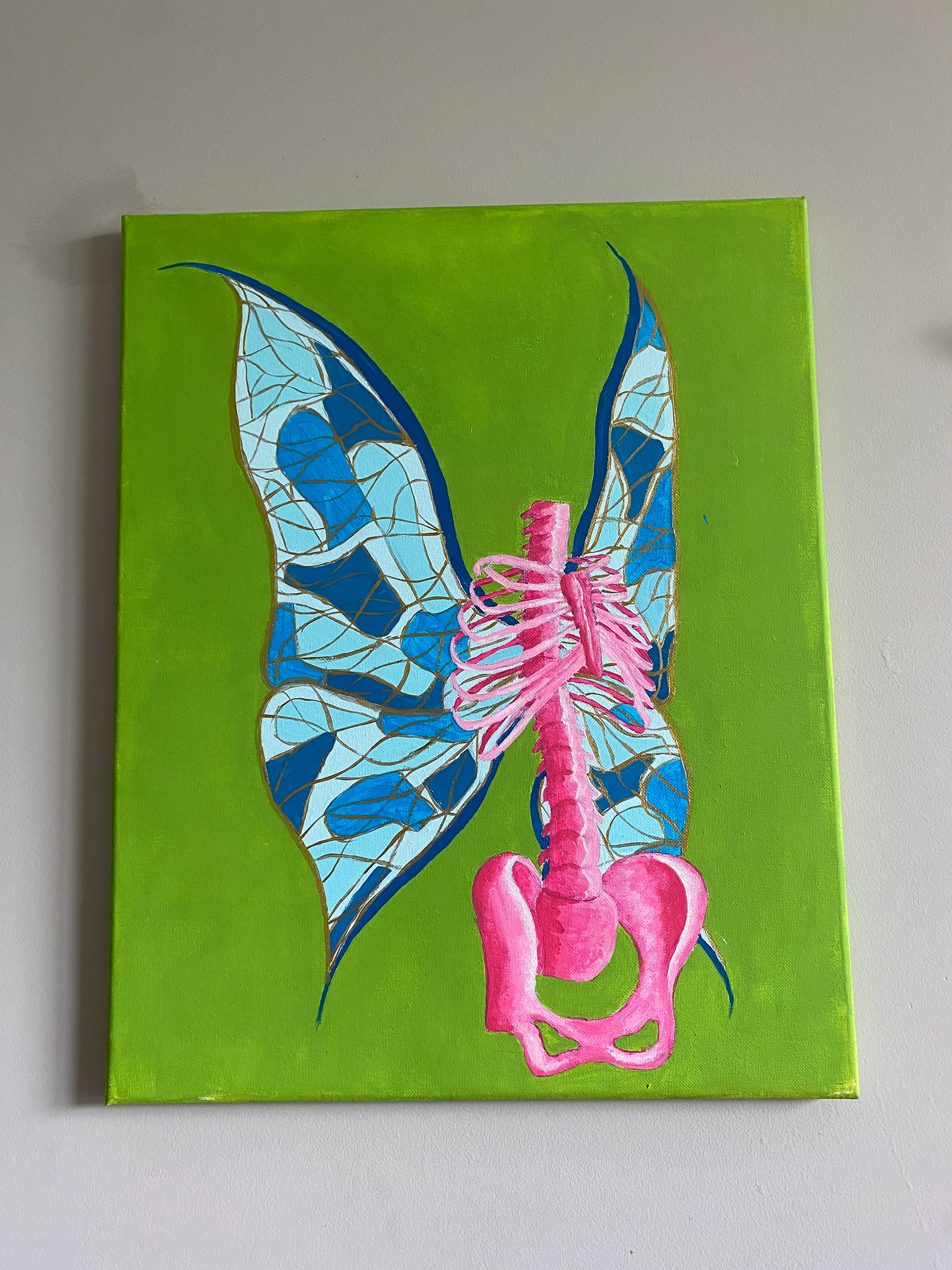 Canvas, 18x24 in, Acrylic Paint. This is a painting I did for fun, practicing painting anatomy in color, and adding wings for a fun surprising element. 