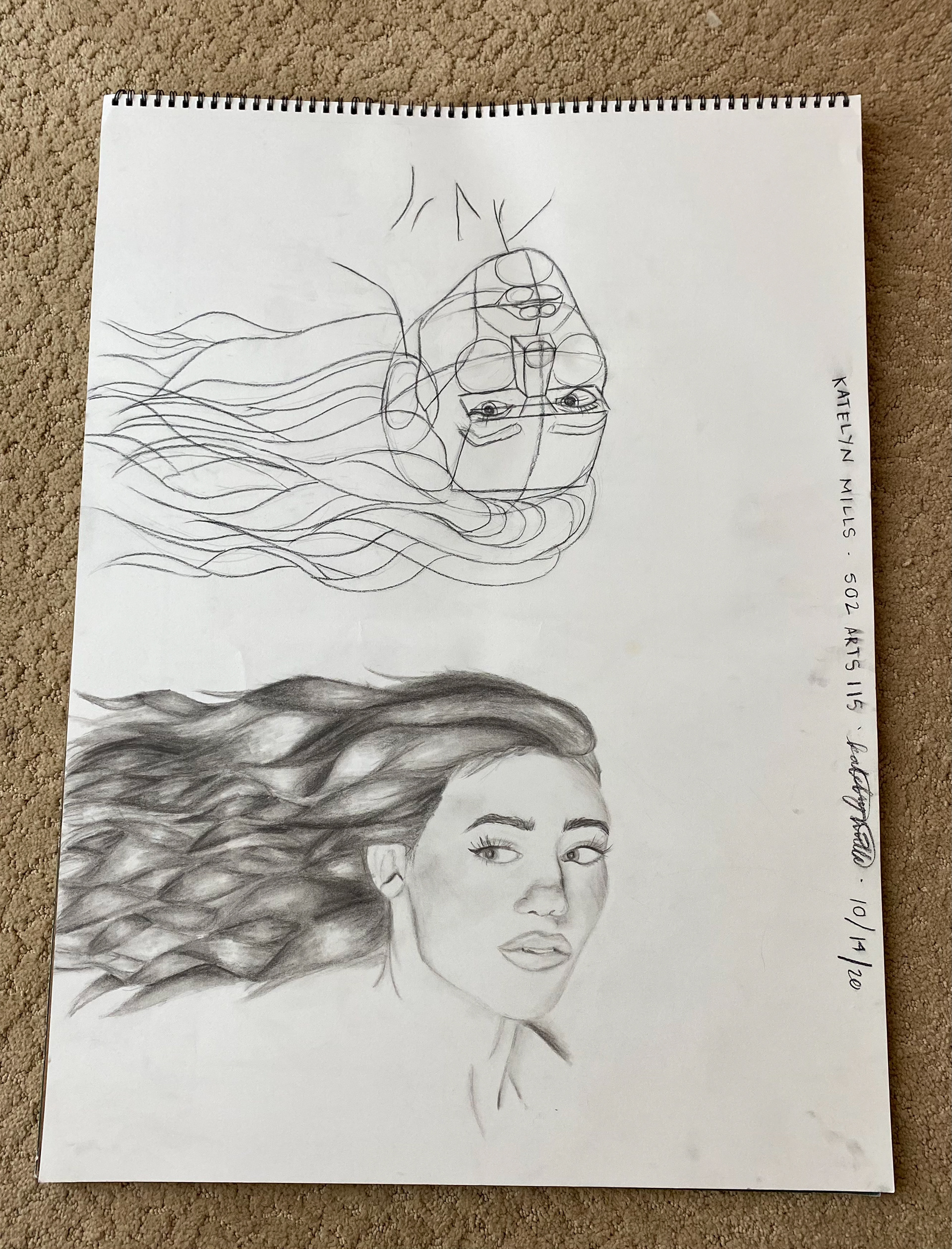 18x24 in drawing paper and charcoal. This is a study of the human head and face and its proportions. The top of the page is a proportional line drawing of the face, whereas the bottom is the realistic drawing of the face.