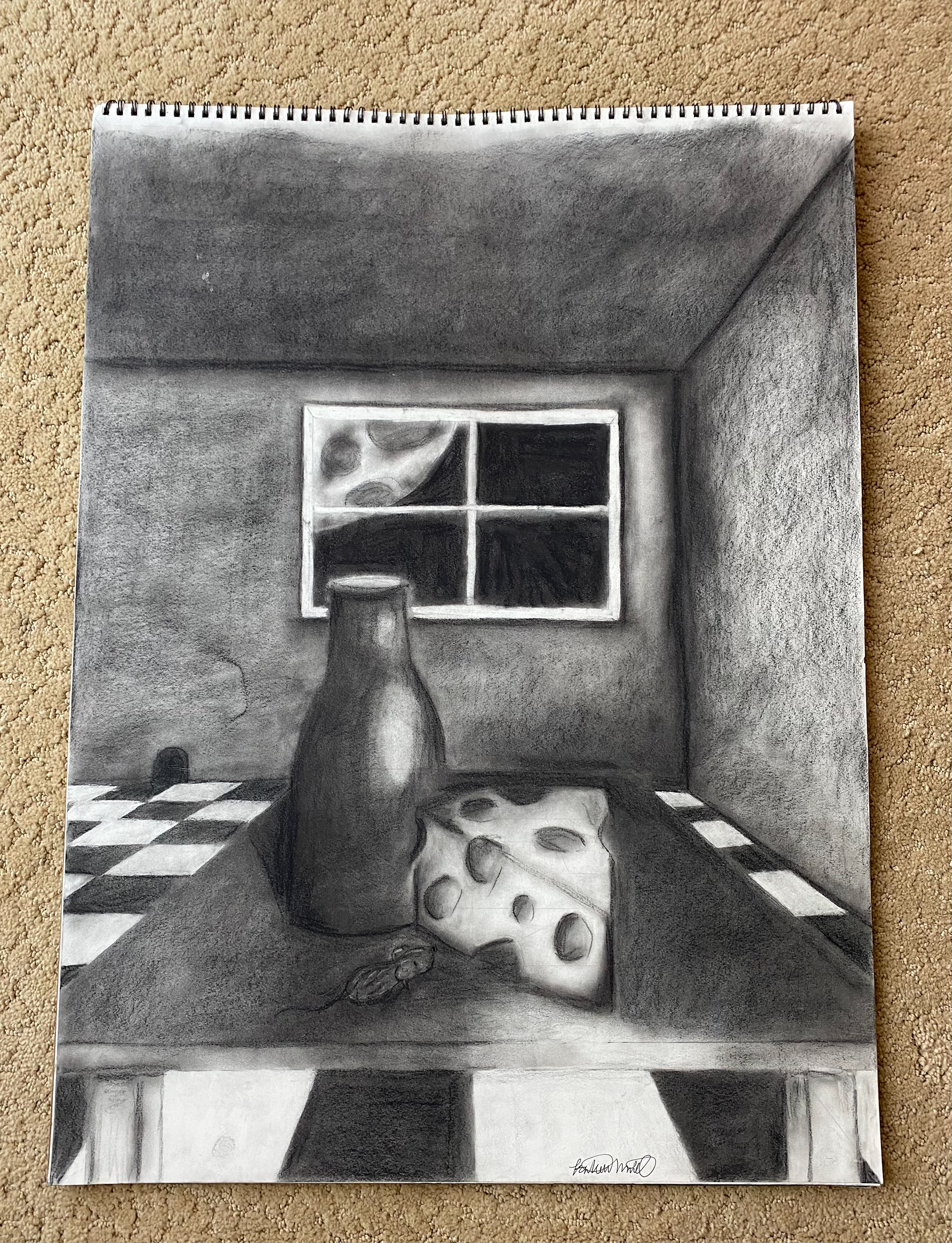 18x24 in drawing paper and charcoal. This is a study of 2 pt perspective to make a scene and tell a story. I chose to depict a kitchen where a mouse creeps around in search of a midnight snack.