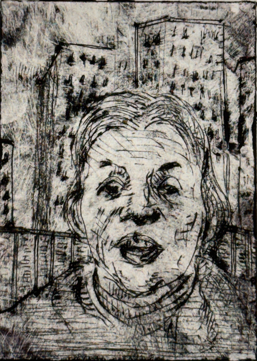 Over Here: BAT, etching, printing-ink, on paper, 3.75” x 4”, 2025