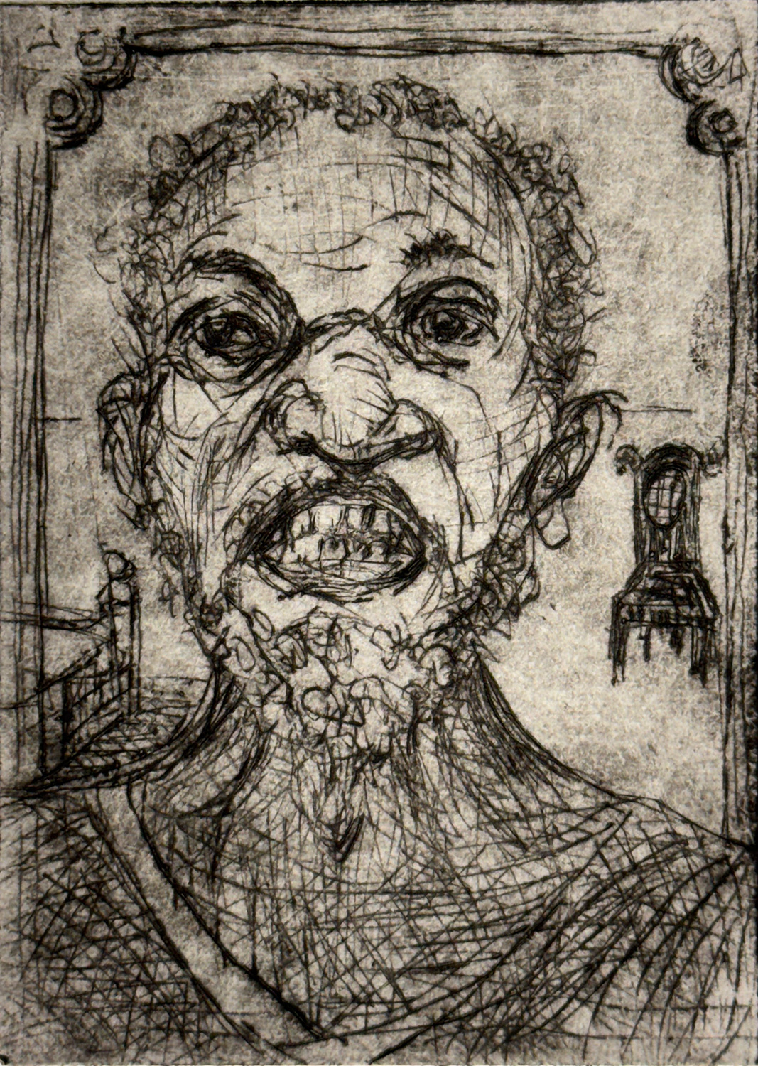 Please…! BAT, etching, printing-ink, on paper, 3.75” x 4”, 2025