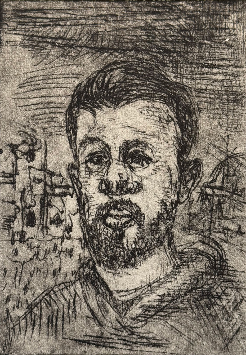 Still Here: BAT, etching, printing-ink, on paper, 3.75” x 4”, 2025