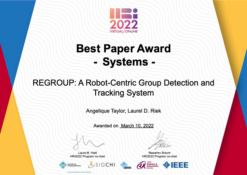 Best Paper Award Honorable Mention, Design, HRI 2022