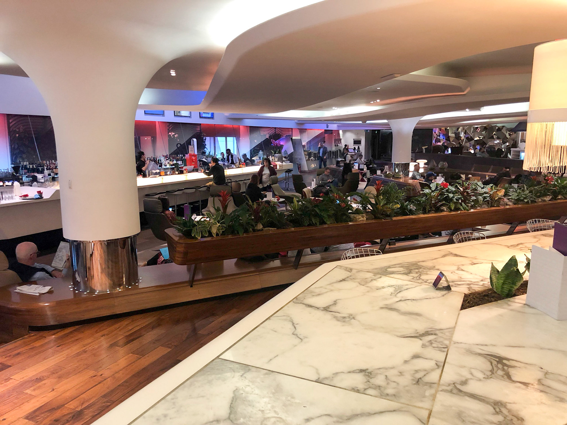 Virgin Atlantic lounge has a spa, hair salon, billiard table, garden and fabulous food