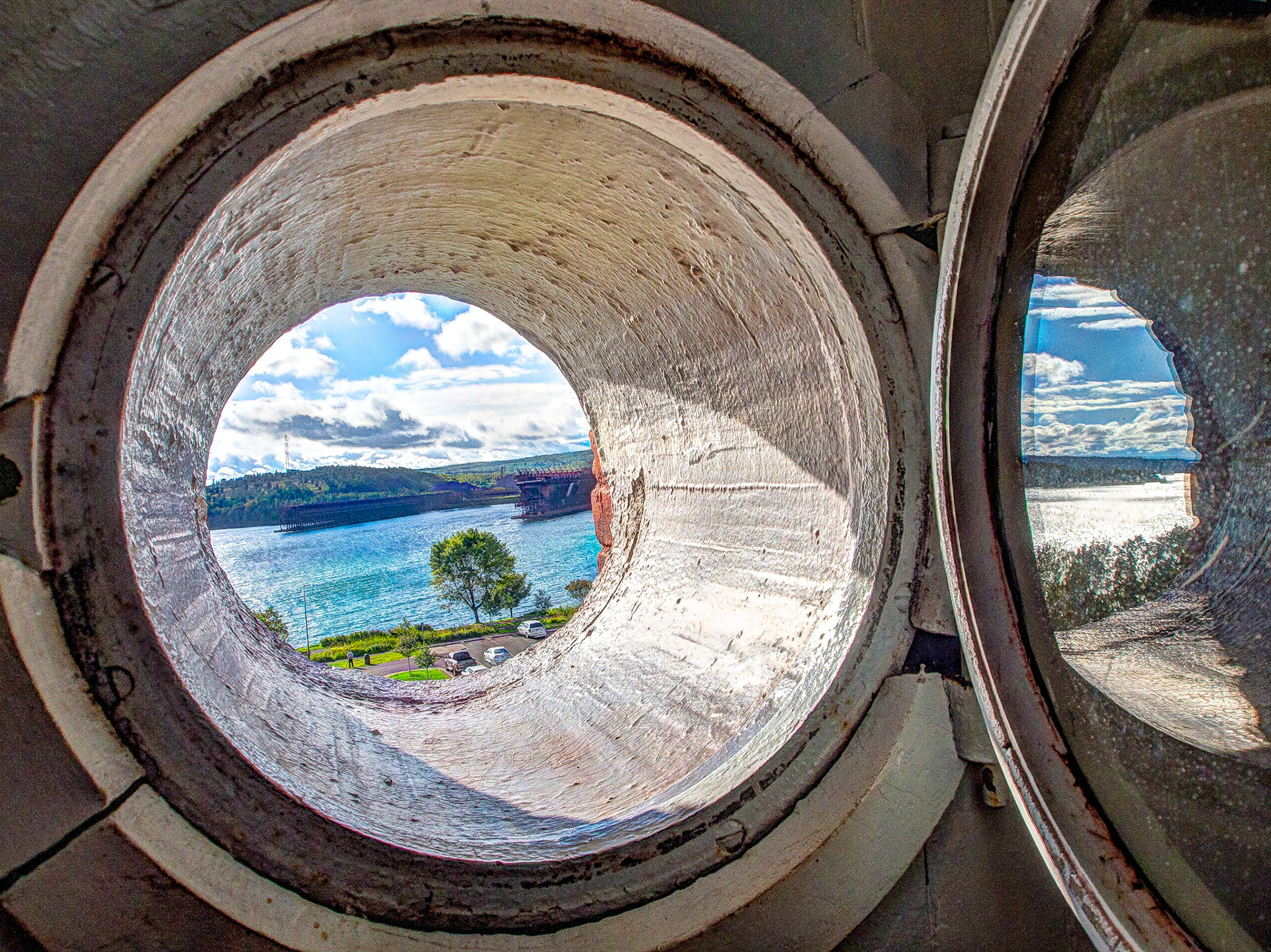 Ore docks in Two Harbors as seen from the lighthouse porthole window