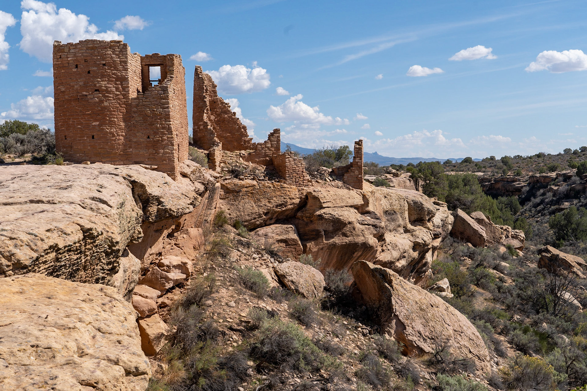 Pueblo dwellings built on the canyon wall at Hovenweep