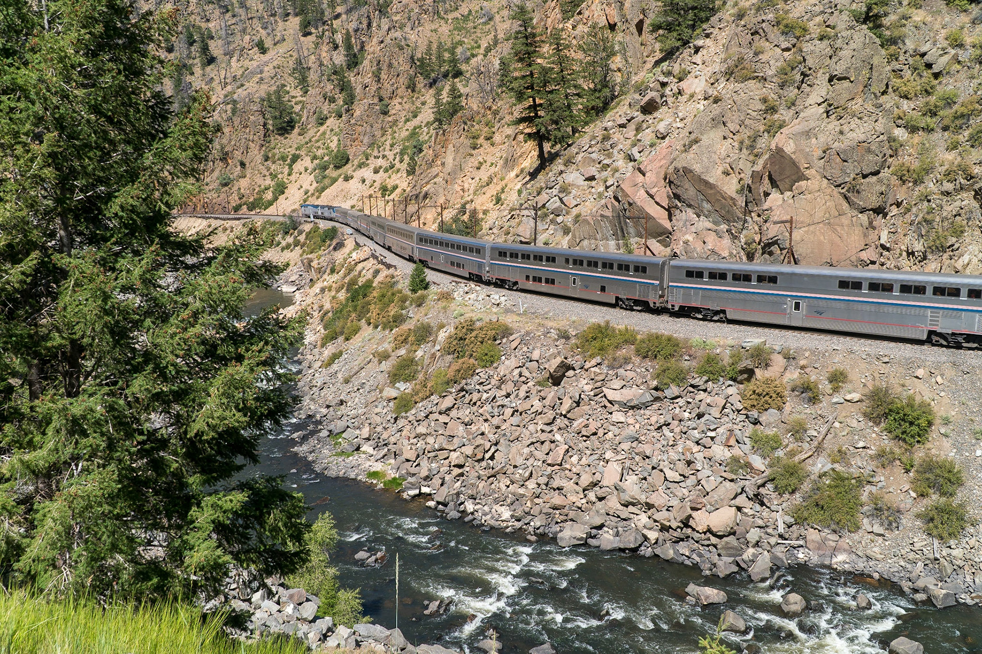 Amtrak going thru Byers Canyon along the Colorado River