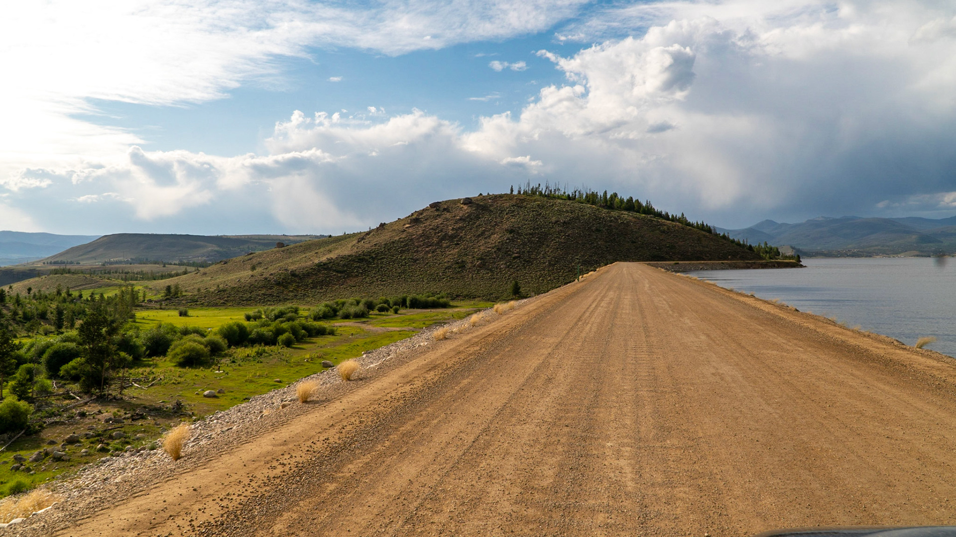 Driving over the dam at Lake Granby