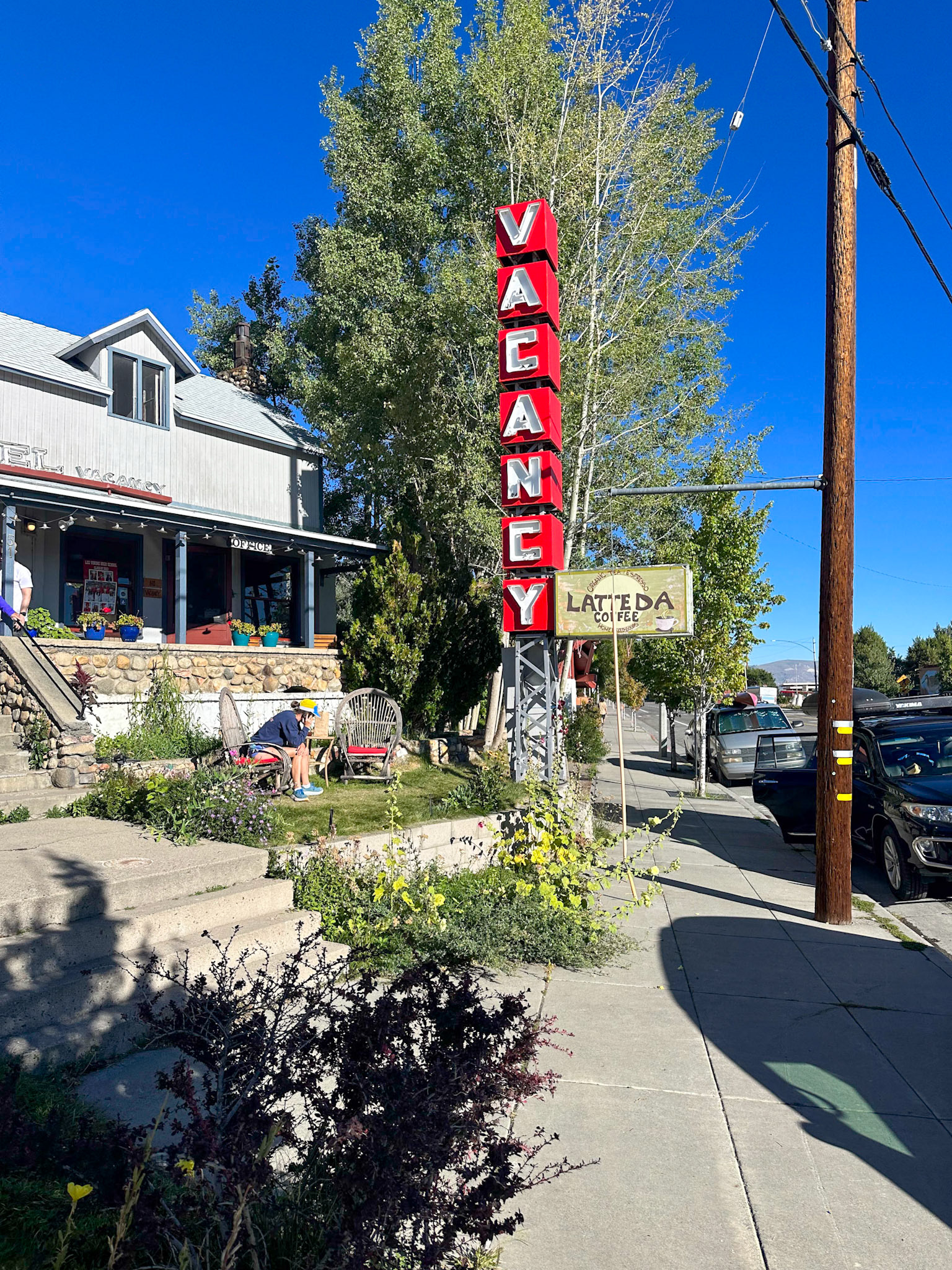 A few shops, motels, and restaurants on the main street in Lee Vining