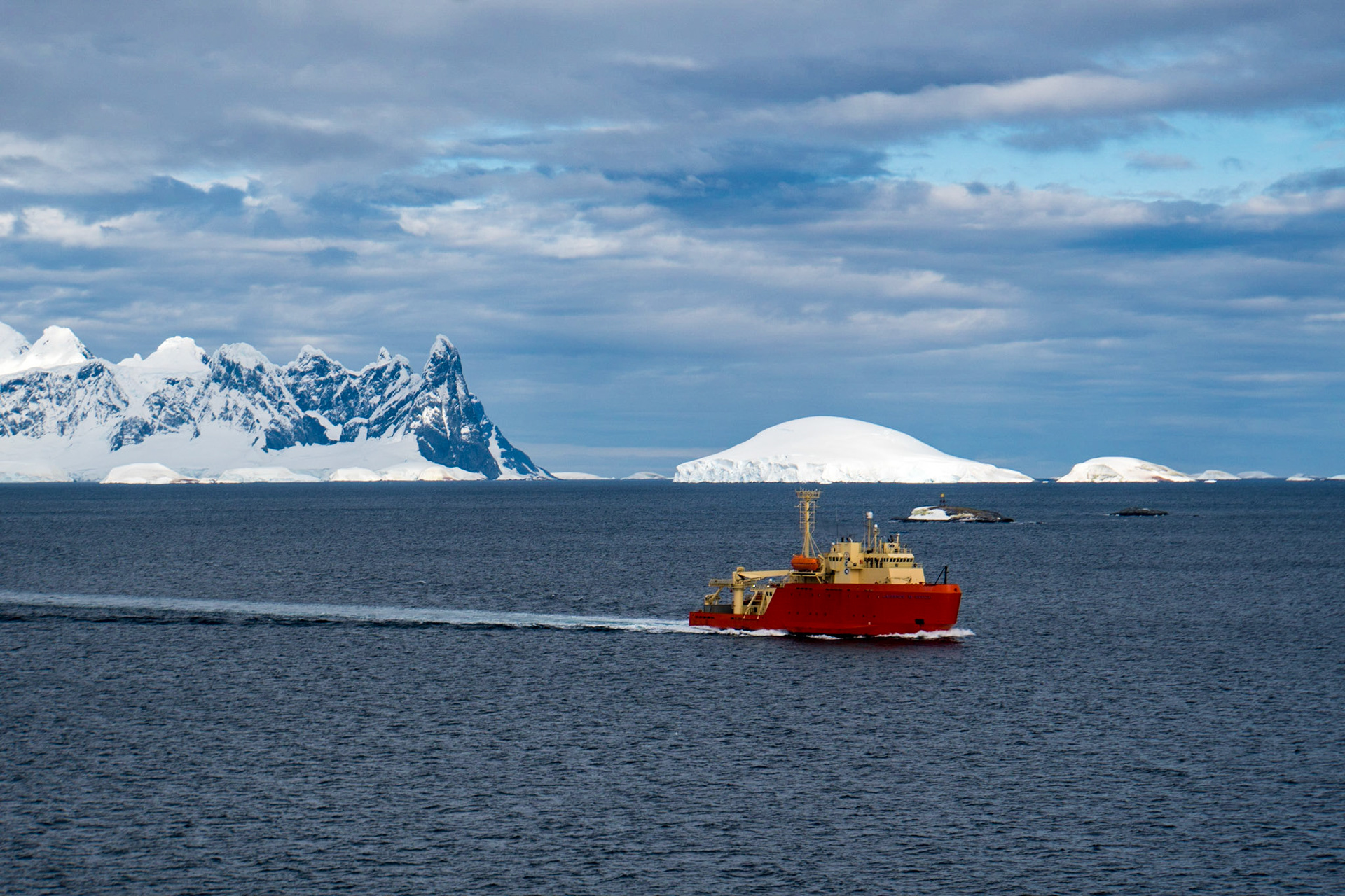 An Argentine supply ship passes in the Gerlache Channel